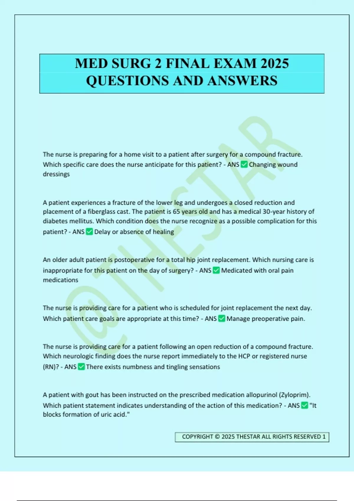 MED SURG 2 FINAL EXAM 2025 QUESTIONS AND ANSWERS - MED SURG 2 - Stuvia US