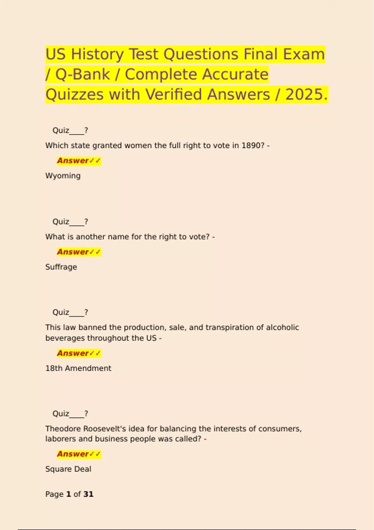 US History Test Questions Final Exam / Q-Bank / Complete Accurate ...