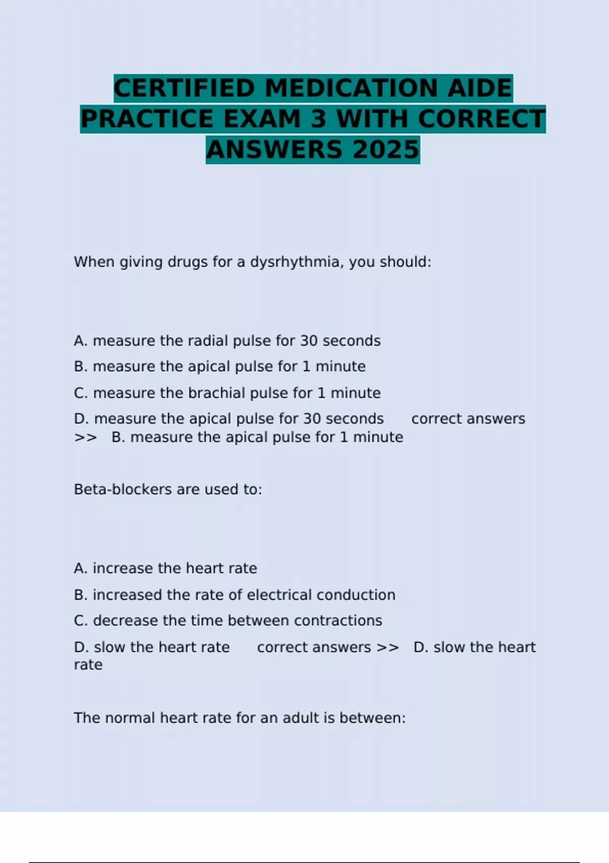 CERTIFIED MEDICATION AIDE PRACTICE EXAM 3 WITH CORRECT ANSWERS 2025 ...