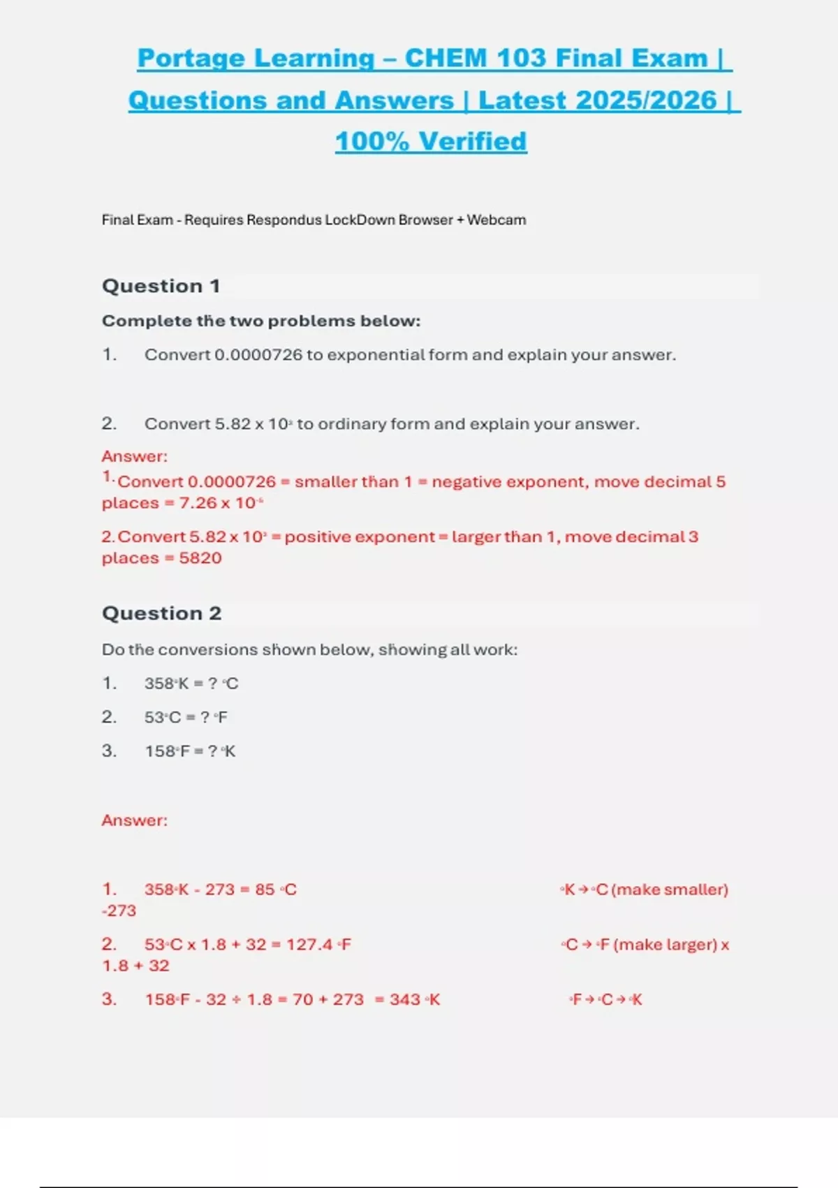 Portage Learning – CHEM 103 Final Exam | Questions and Answers | Latest ...
