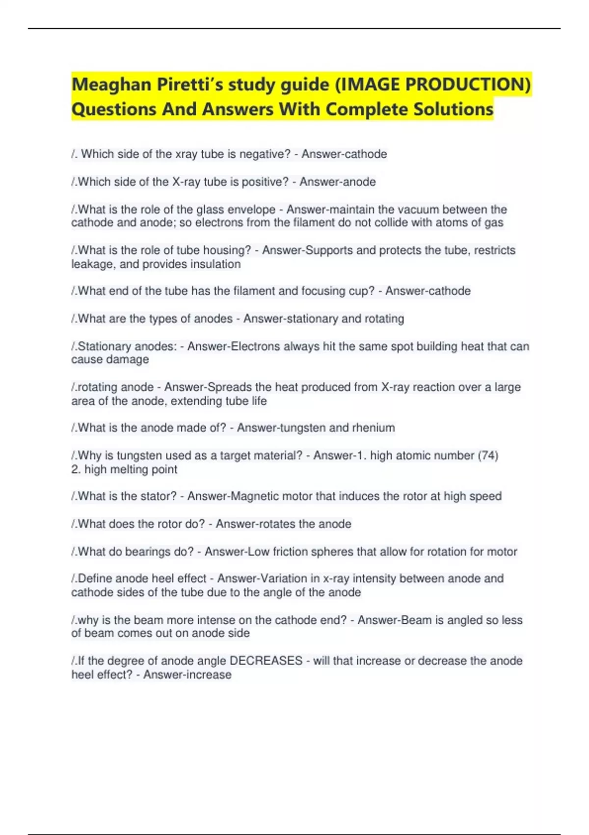 Meaghan Piretti’s study guide (IMAGE PRODUCTION) Questions And Answers With Complete Solutions ...