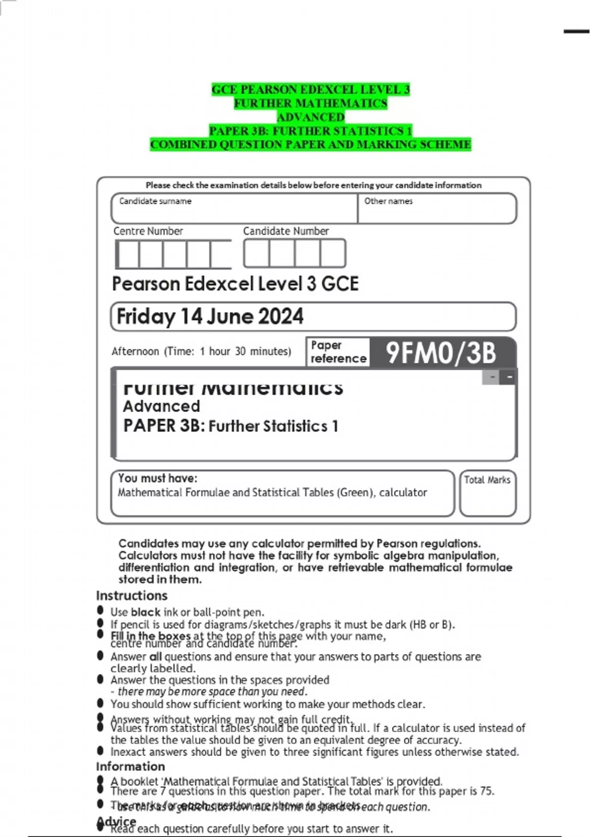 GCE PEARSON EDEXCEL LEVEL 3 FURTHER MATHEMATICS ADVANCED PAPER 3B ...