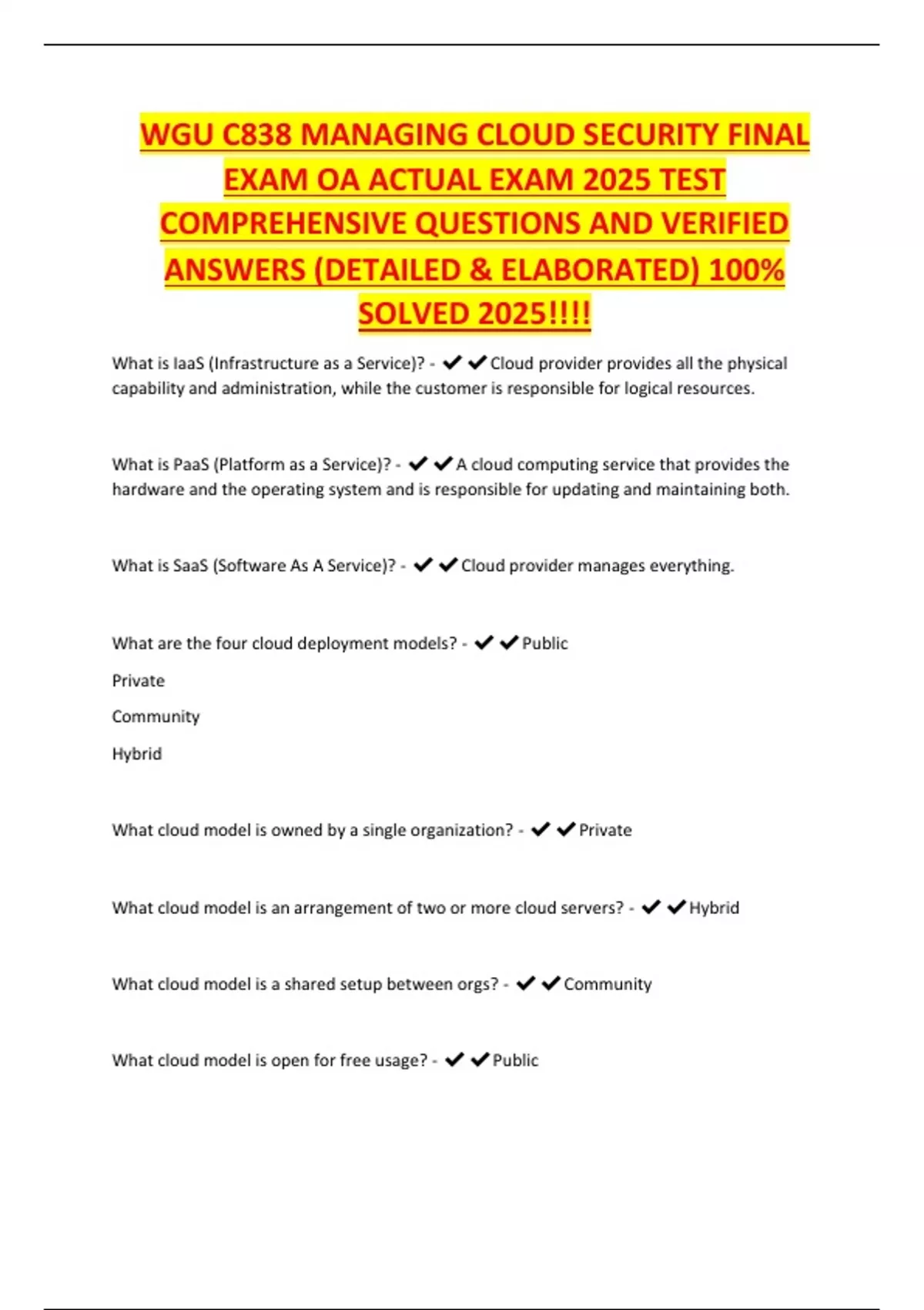 WGU C838 MANAGING CLOUD SECURITY FINAL EXAM OA ACTUAL EXAM 2025 TEST ...