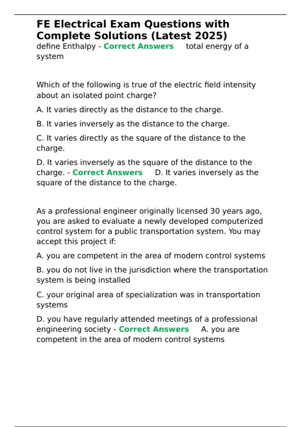 FE Electrical Exam Questions with Complete Solutions (Latest 2025 ...