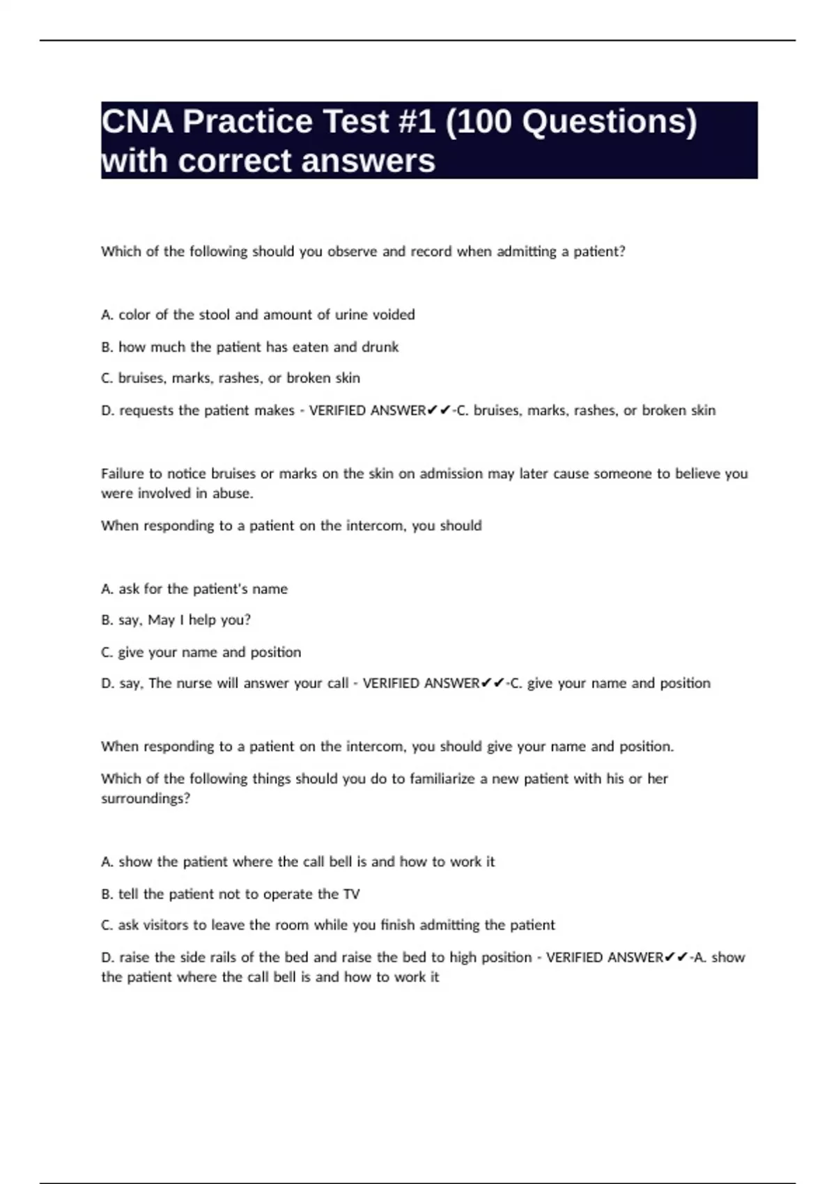 CNA Practice Test -1 (100 Questions) with correct answers - Cna - Stuvia US