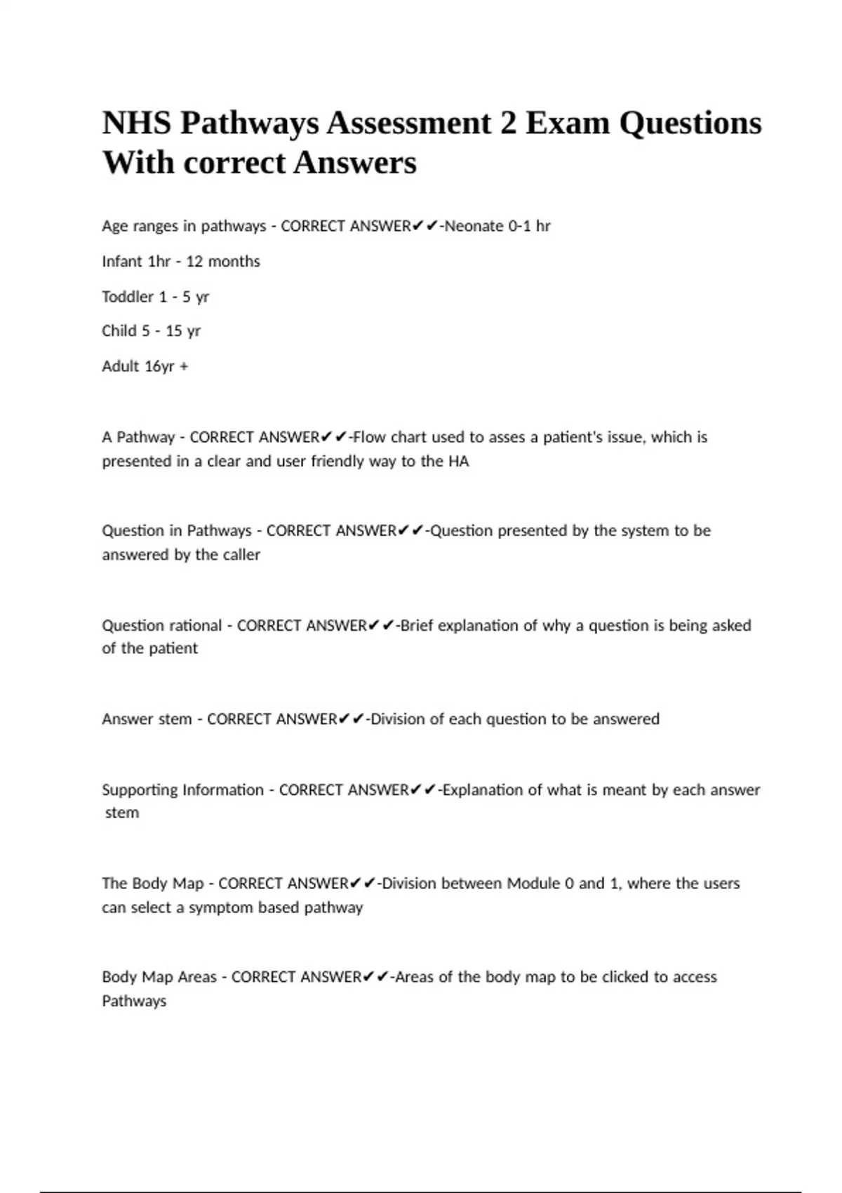 Pathways 2 Answers.pdf NHS Pathways Assessment 2 Exam Questions With correct Answers. - NHS ...