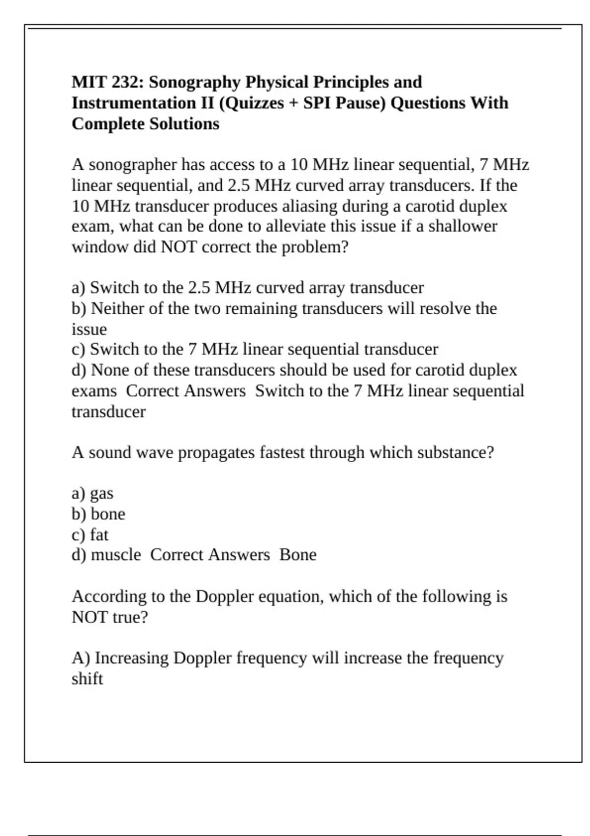 Mit Questions MIT 232: Sonography Physical Principles and Instrumentation II (Quizzes ...