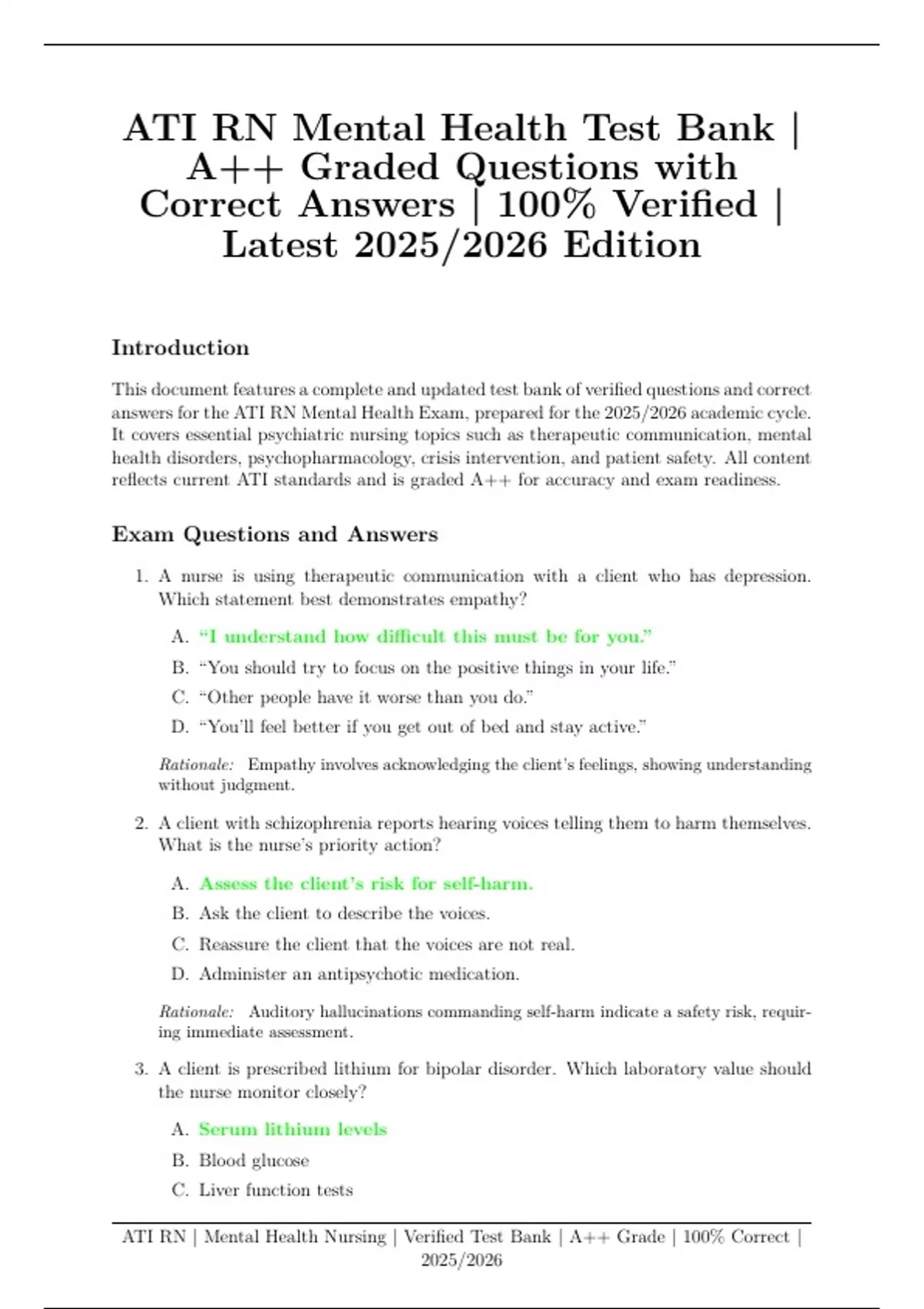 ATI RN Mental Health Test Bank | Latest 2025/2026 Edition | A++ Graded ...