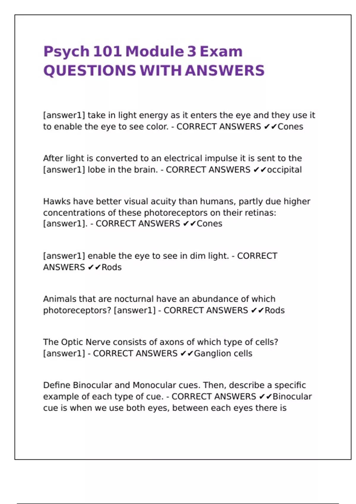 Psych 101 Module 3 Exam QUESTIONS WITH ANSWERS - Portage Learning Psych ...