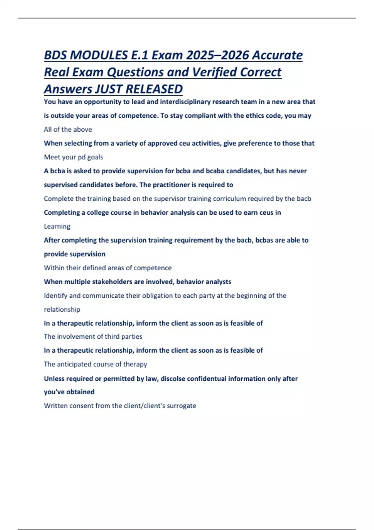 BDS Modules E.1 Exam 2025–2026 BCBA/ABA Ethics and Documentation ...