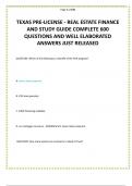 TEXAS PRE-LICENSE - REAL ESTATE FINANCE AND STUDY GUIDE COMPLETE 600 QUESTIONS AND WELL ELABORATED ANSWERS JUST RELEASED
