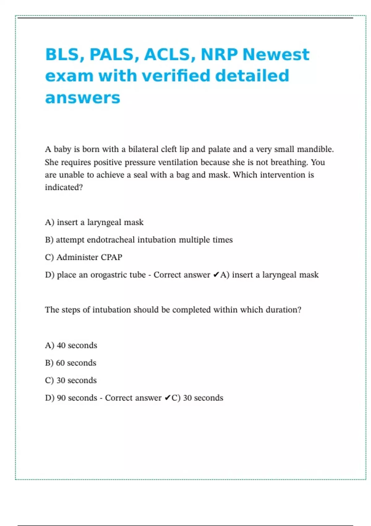 BLS, PALS, ACLS, NRP Newest exam with verified detailed answers - NRP ...