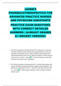LEHNE&rsquo;S PHARMACOTHERAPEUTICS FOR ADVANCED PRACTICE NURSES AND PHYSICIAN ASSISTANTS PRACTICE EXAM QUESTIONS WITH CORRECT DETAILED ANSWERS &vert; ALREADY GRADED A&plus;<RECENT VERSION>