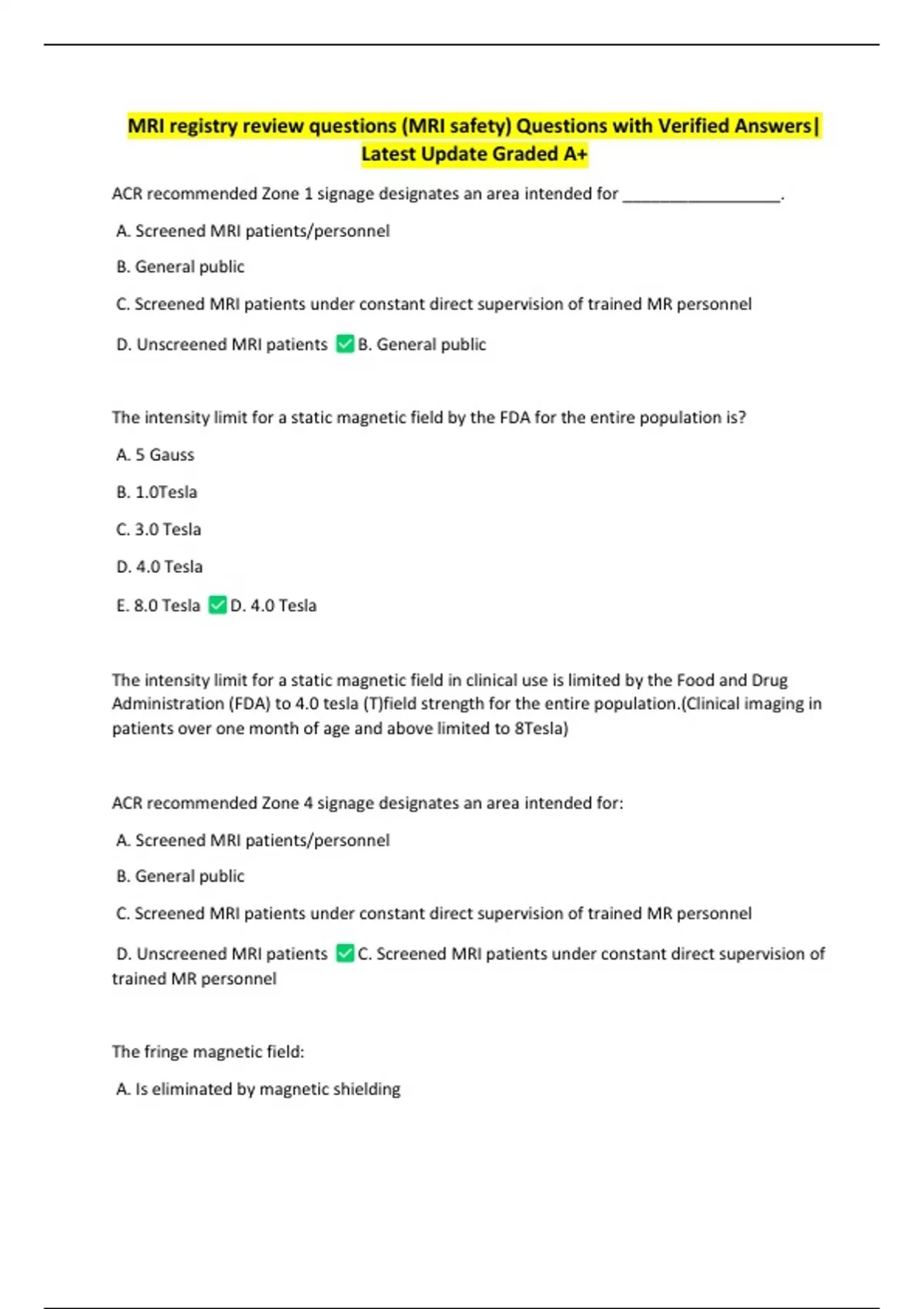 MRI registry review questions (MRI safety) Questions with Verified ...