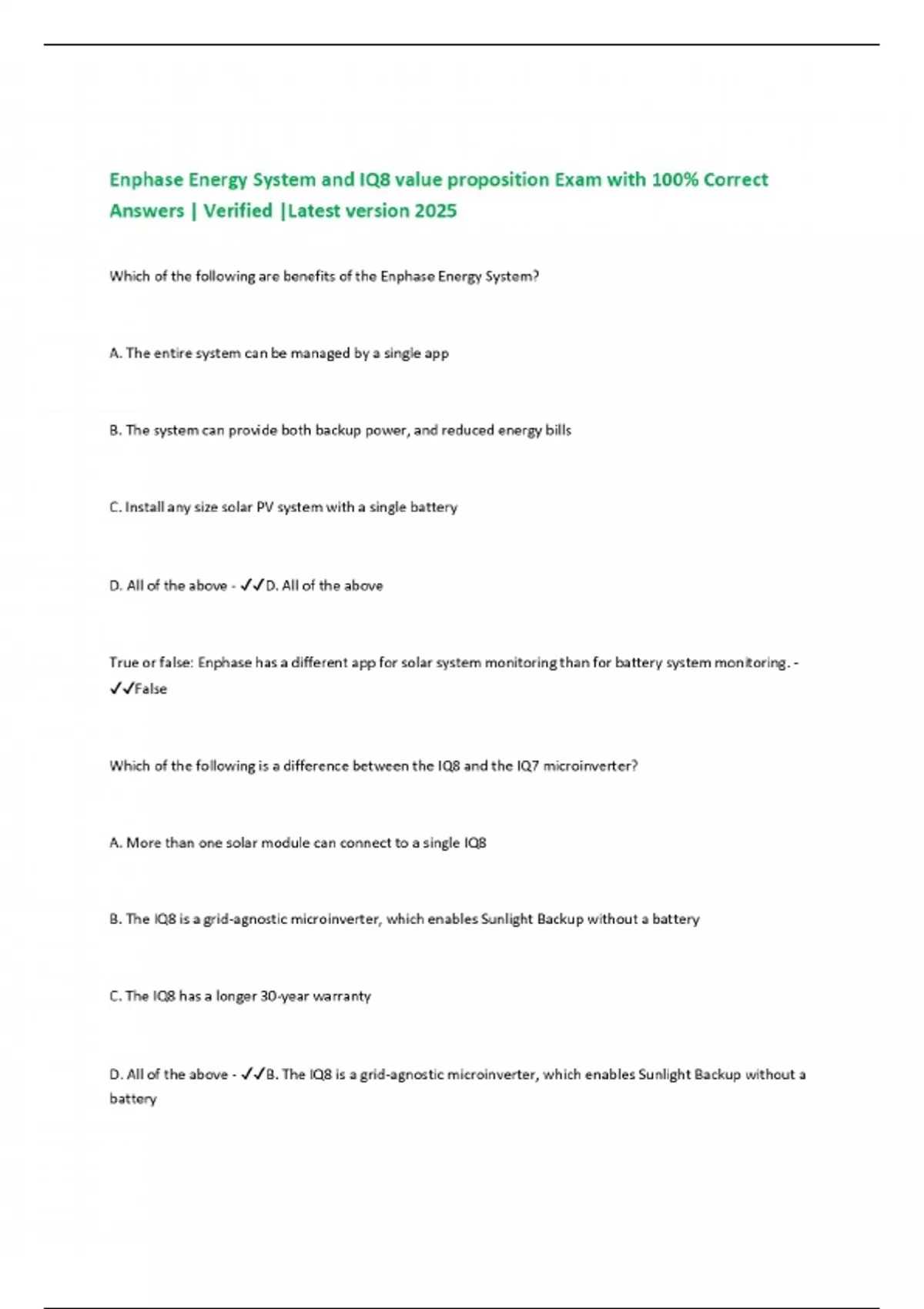 Enphase Energy System and IQ8 value proposition Exam with 100% Correct ...