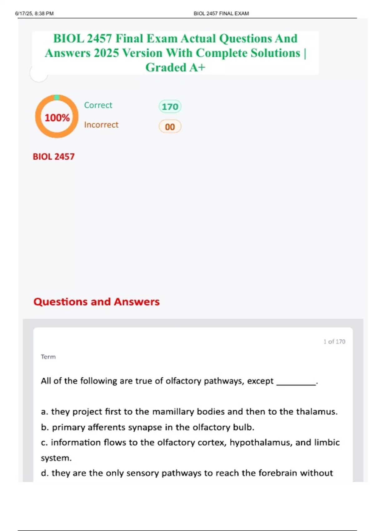 BIOL 2457 Final Exam Actual Questions And Answers 2025 Version With Complete Solutions | Graded ...
