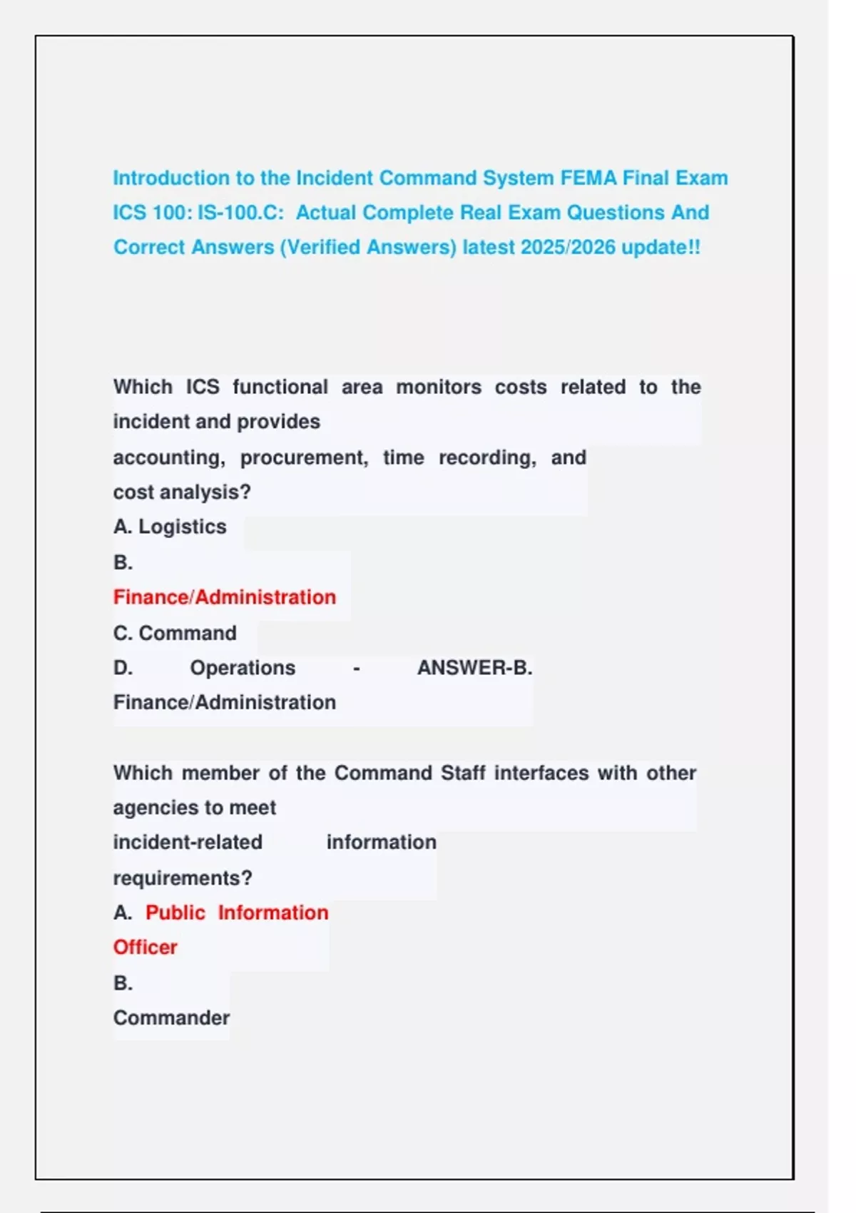 Introduction to the Incident Command System FEMA Final Exam ICS 100: IS ...