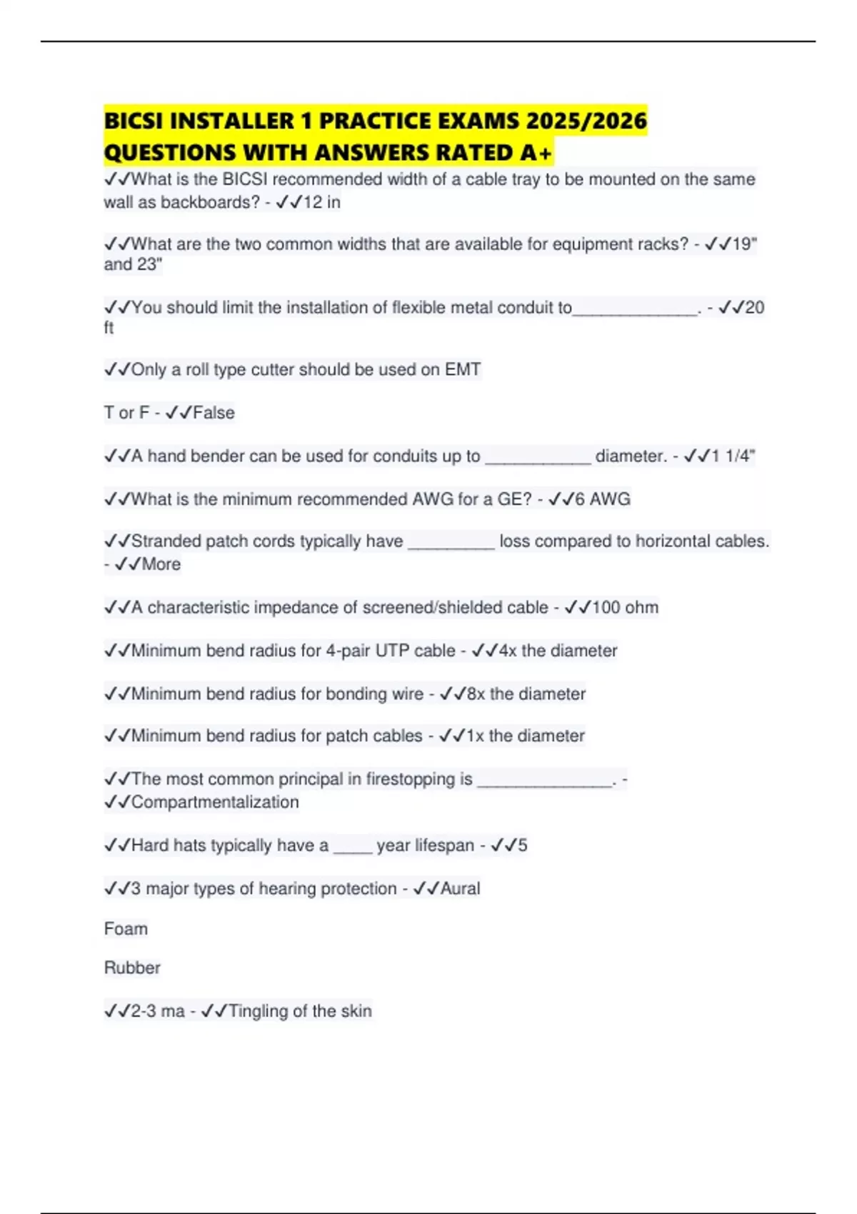 BICSI INSTALLER 1 PRACTICE EXAMS 2025/2026 QUESTIONS WITH ANSWERS RATED A+ - BICSI - Stuvia US