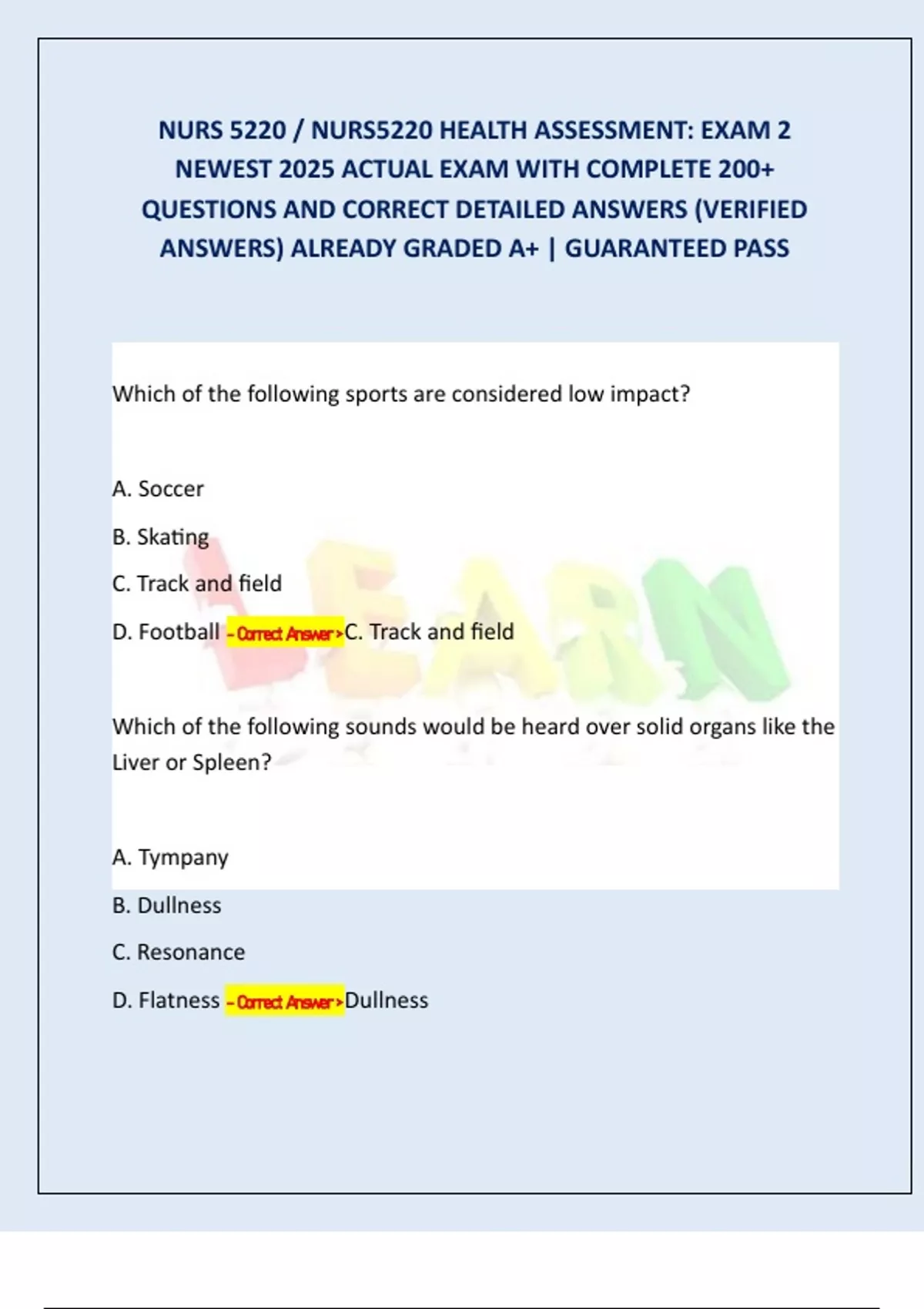 NURS 5220 / NURS5220 HEALTH ASSESSMENT: EXAM 2 NEWEST 2025 ACTUAL EXAM ...