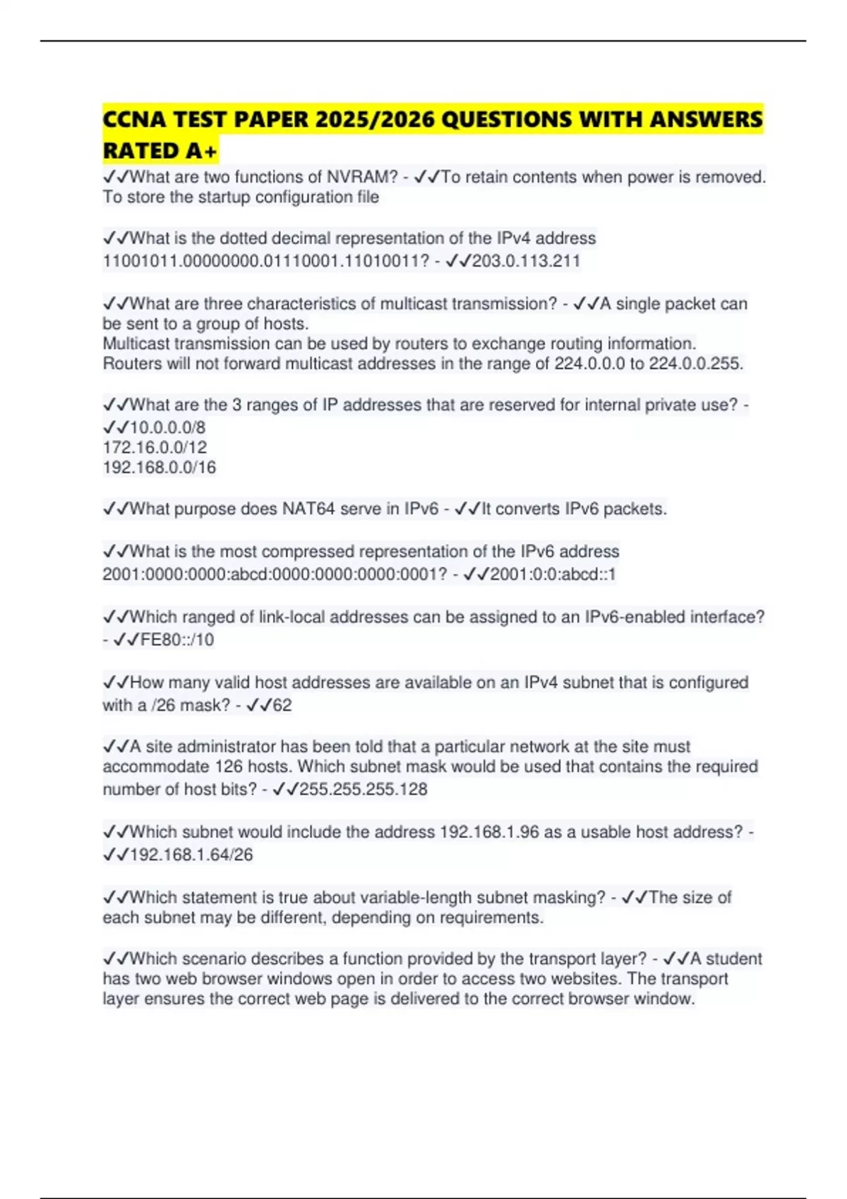 Ccna Test Example CCNA TEST PAPER 2025/2026 QUESTIONS WITH ANSWERS RATED A+ - CCNA ...