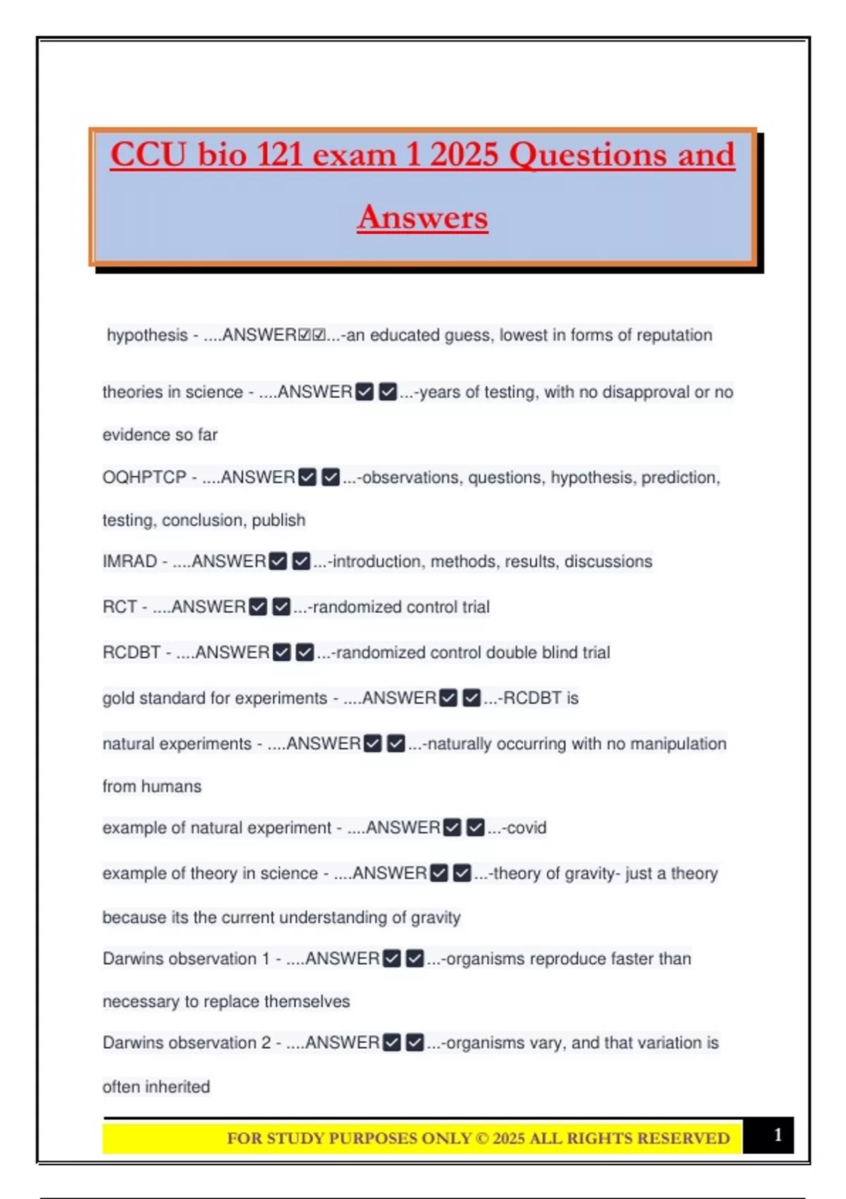 CCU bio 121 exam 1 2025 Questions and Answers - Biology 121 - Stuvia US