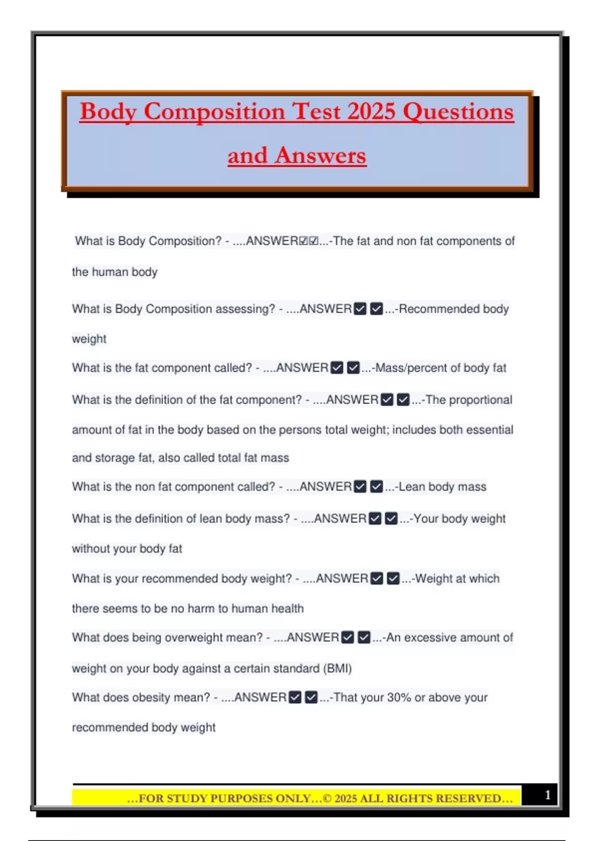 Body Composition Test 2025 Questions and Answers - Body Composition ...