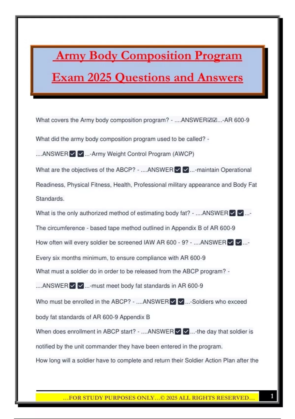 Army Body Composition Program Exam 2025 Questions and Answers - Body ...