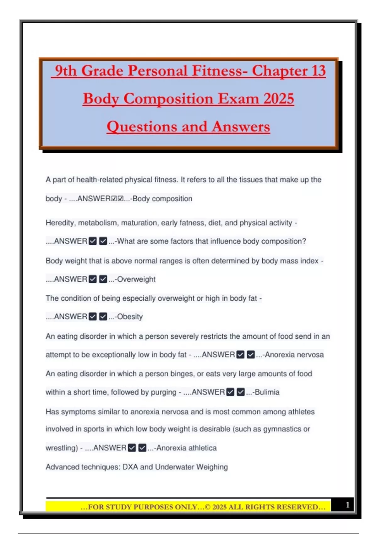 9th Grade Personal Fitness- Chapter 13 Body Composition Exam 2025 ...