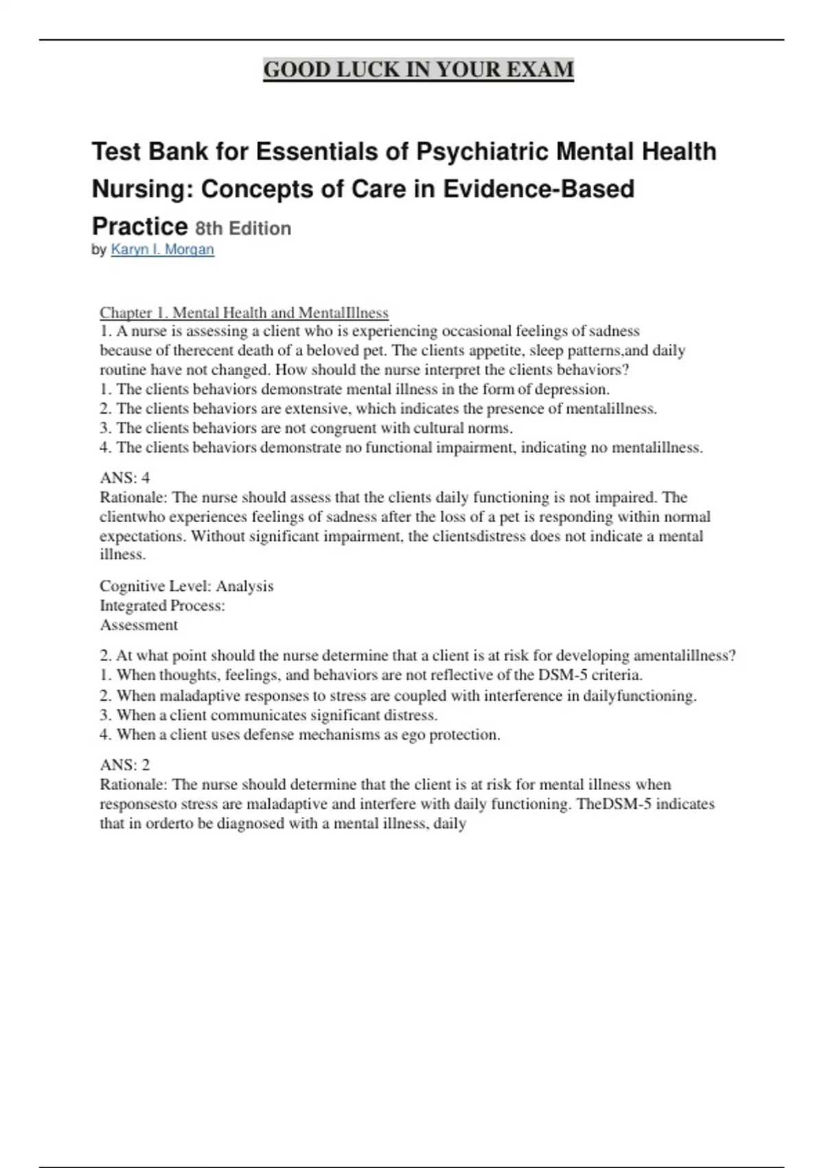 Test Bank for Essentials of Psychiatric Mental Health Nursing: Concepts ...