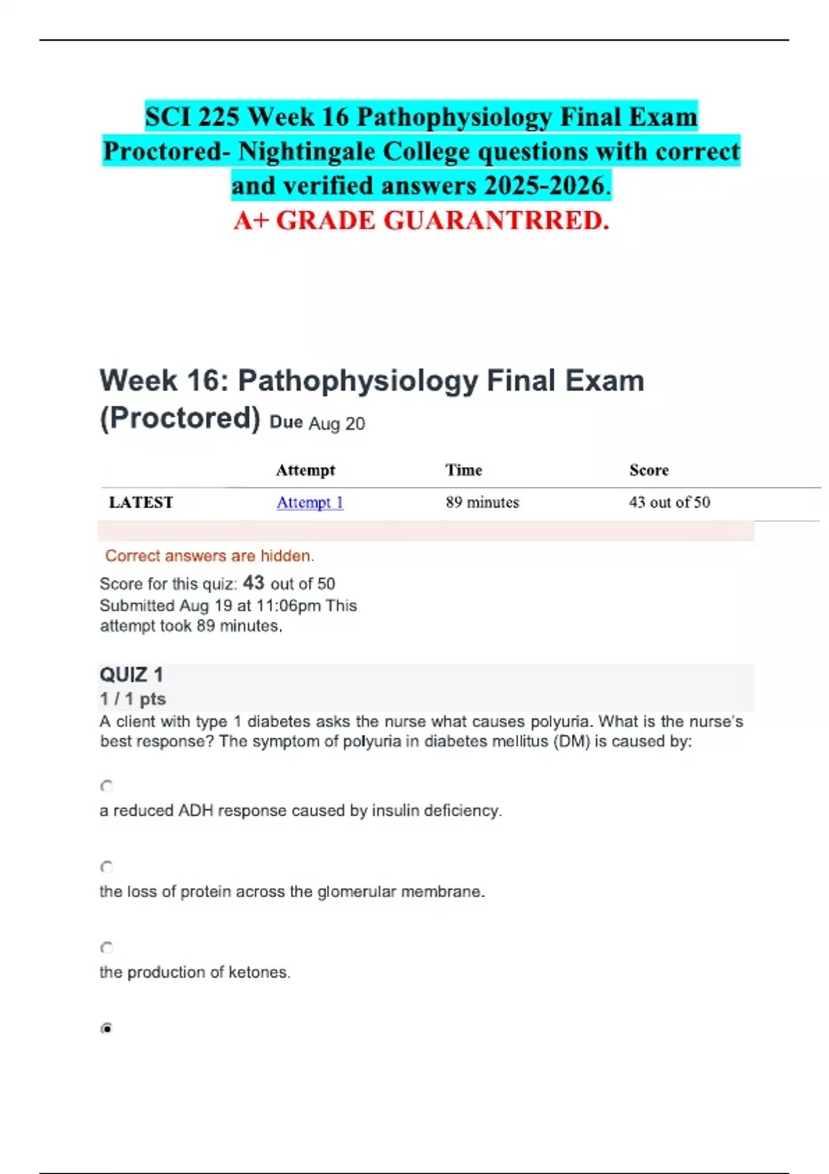 SCI 225 Week 16 Pathophysiology Final Exam Proctored- Nightingale ...