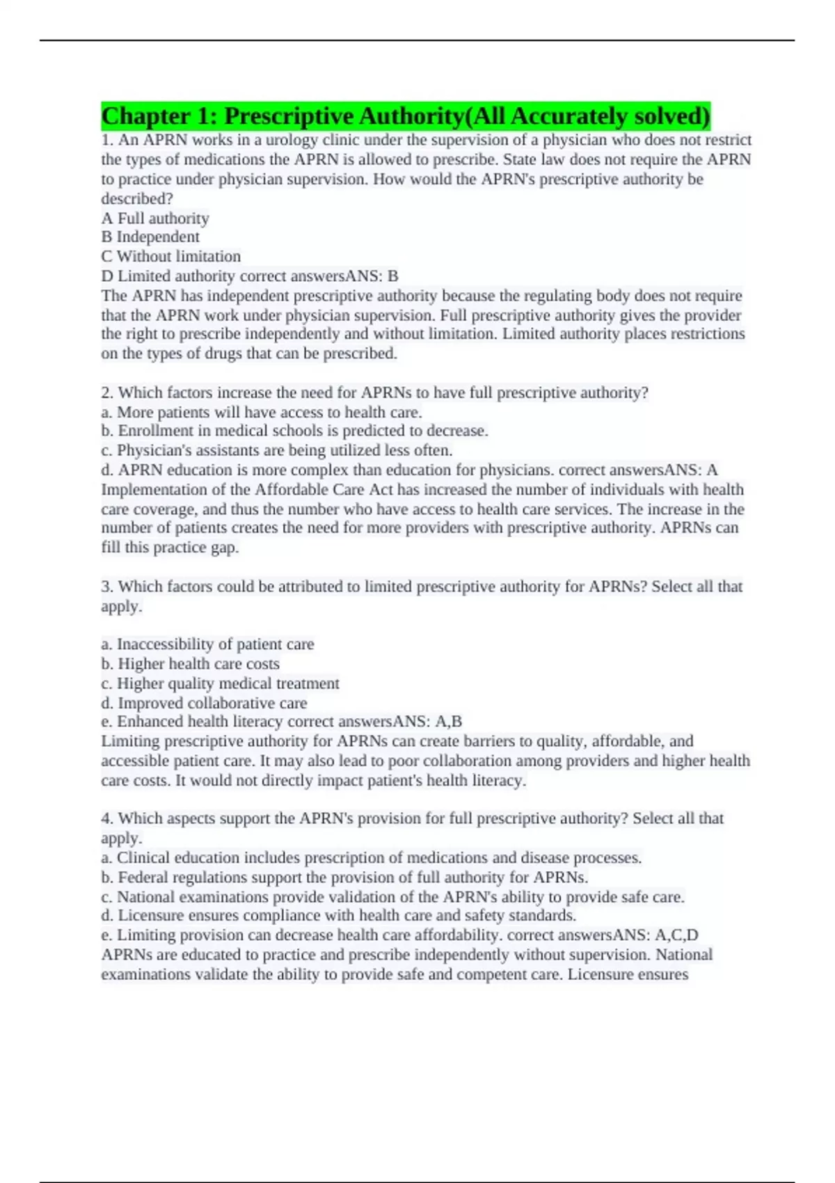 Aprn Protocol Example Chapter 1: Prescriptive Authority(All Accurately solved) - APRN ...