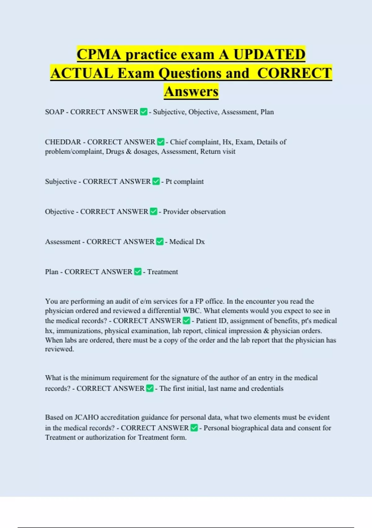 CPMA practice exam A UPDATED ACTUAL Exam Questions and CORRECT Answers - CPMA - Stuvia US