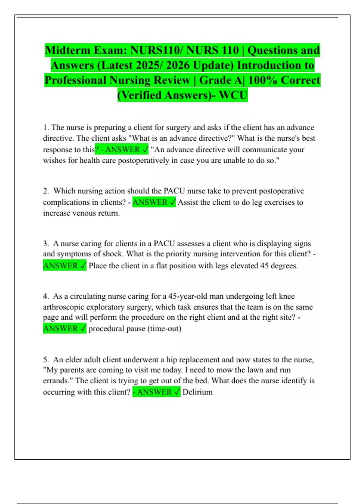 Midterm Exam: NURS110/ NURS 110 | Questions and Answers (Latest 2025/ ...