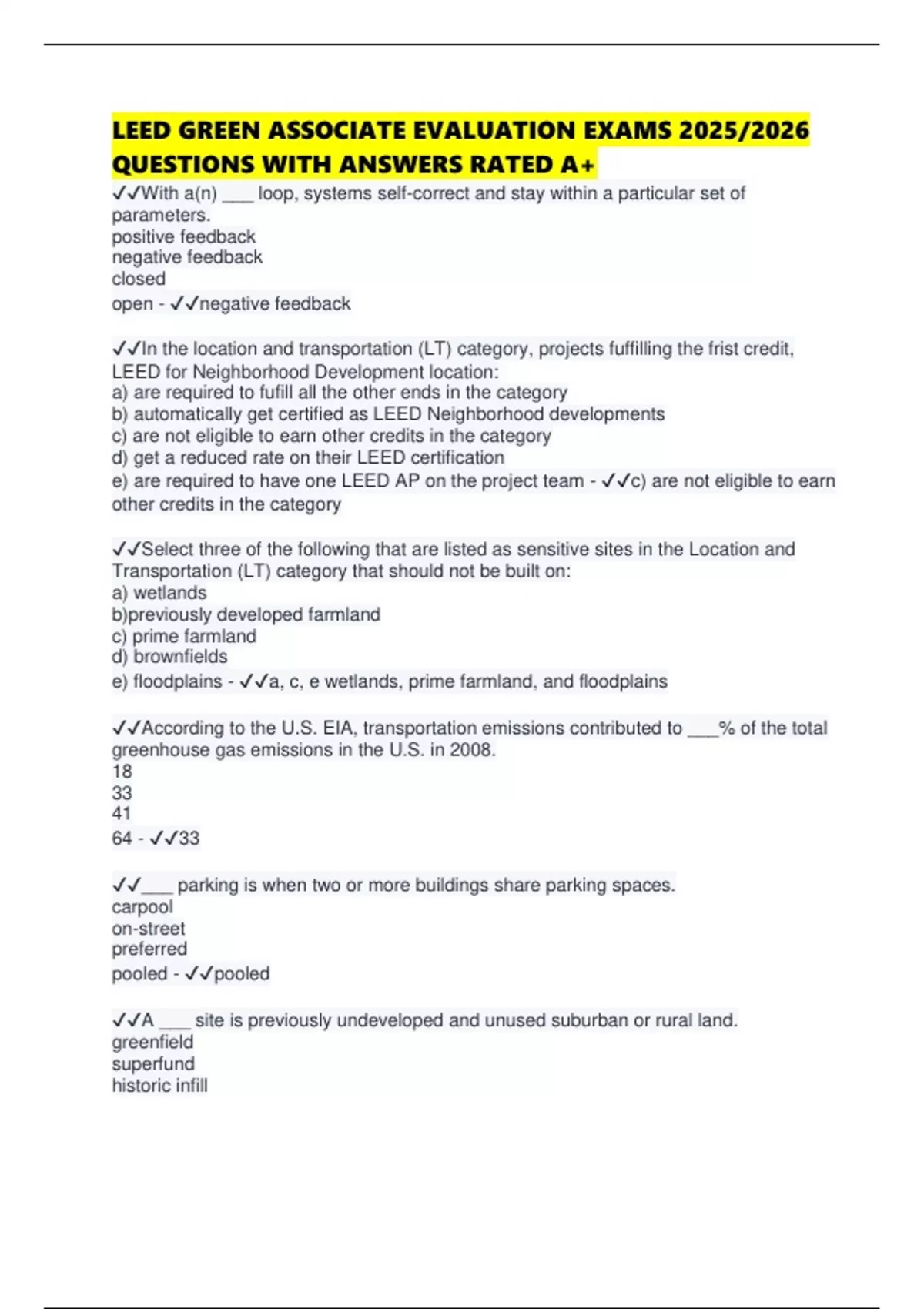 LEED GREEN ASSOCIATE EVALUATION EXAMS 2025/2026 QUESTIONS WITH ANSWERS ...