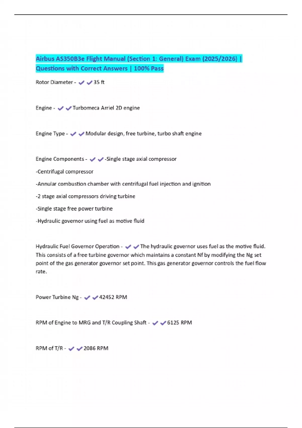 As350 B3e Checklist.pdf Airbus AS350B3e Flight Manual (Section 1: General) Exam (2025/2026 ...