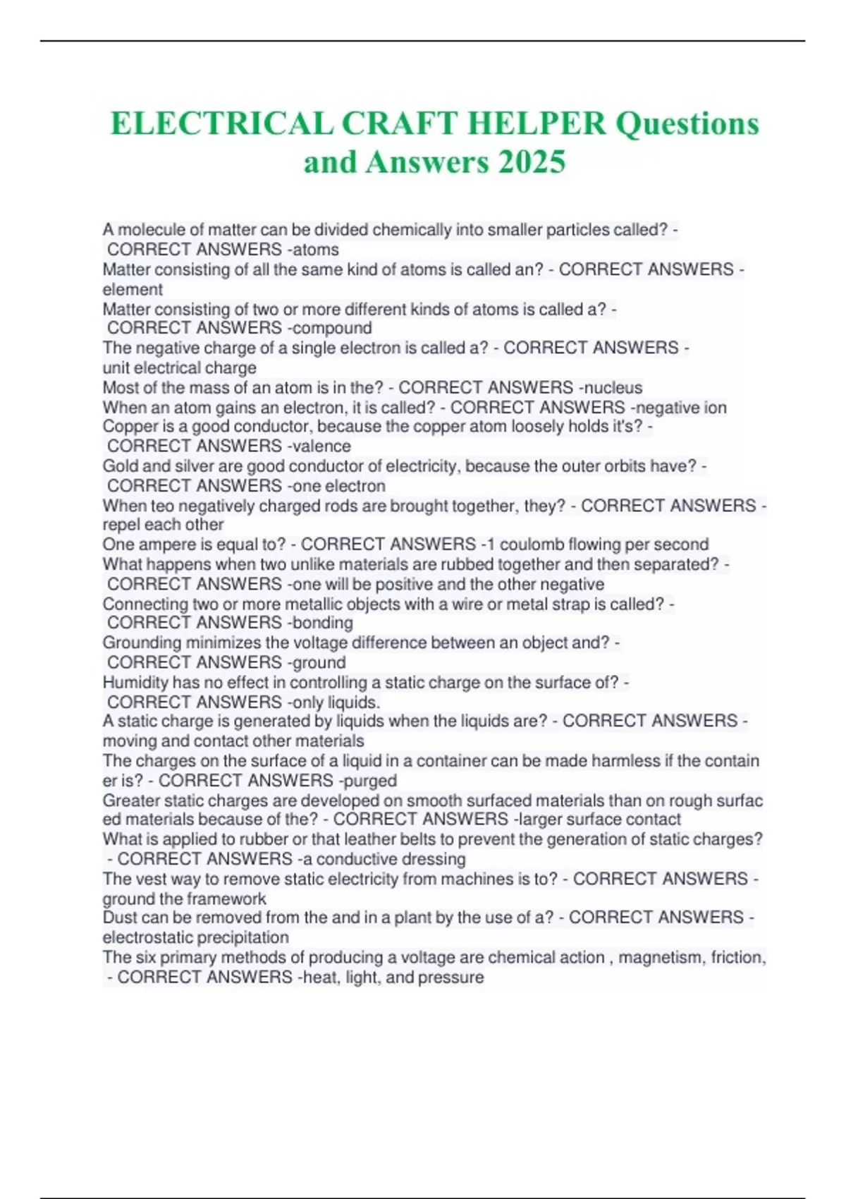 ELECTRICAL CRAFT HELPER Questions and Answers 2025 - Electrical Craft ...