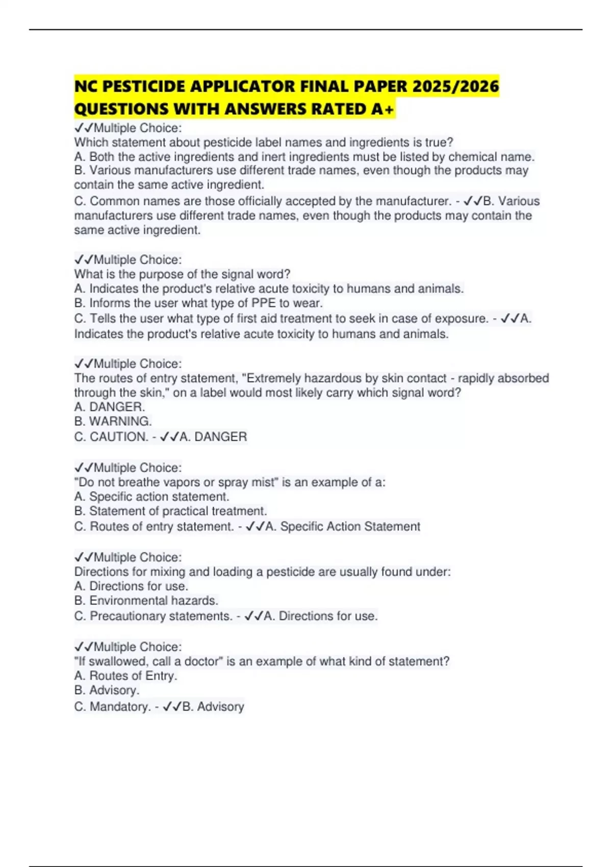 Applicator Paper NC PESTICIDE APPLICATOR FINAL PAPER 2025/2026 QUESTIONS WITH ANSWERS ...