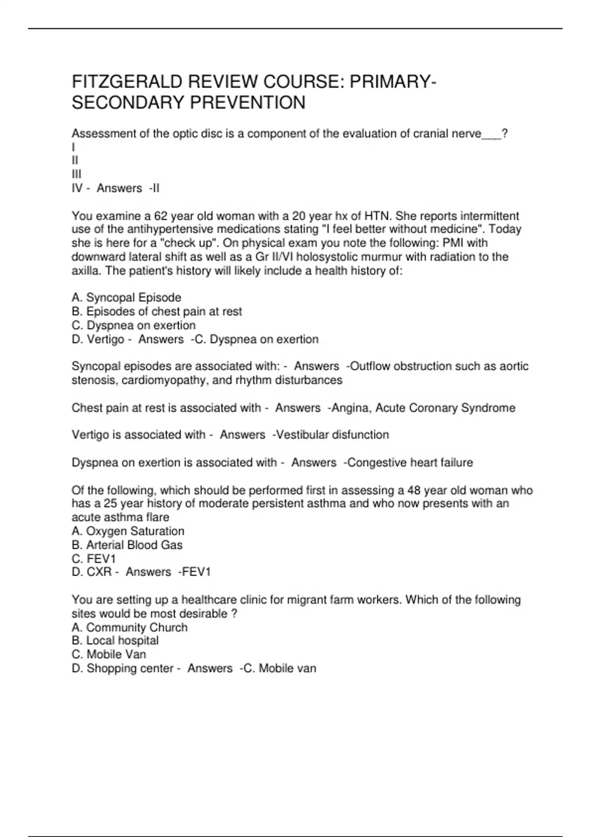 FITZGERALD REVIEW COURSE PRIMARY-SECONDARY PREVENTION - PMHNP - Stuvia US