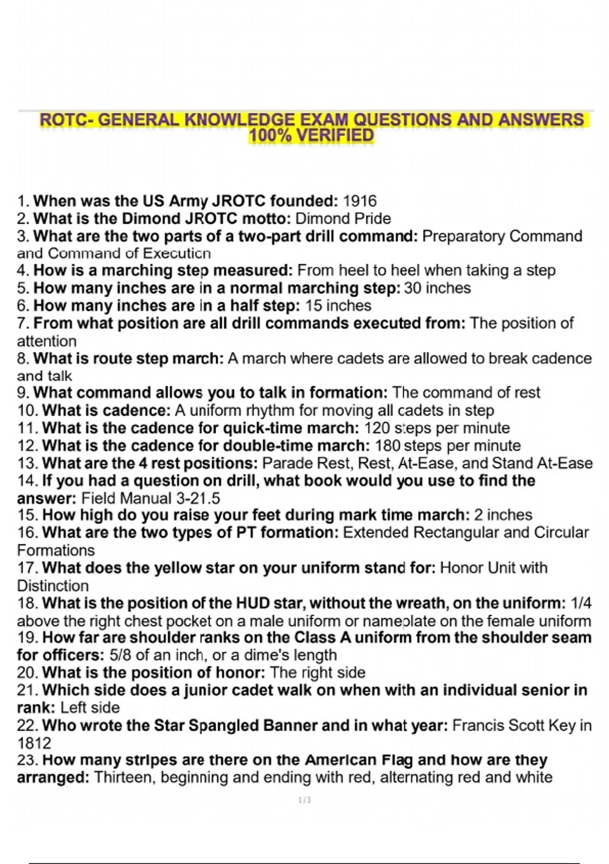 ROTC- GENERAL KNOWLEDGE EXAM QUESTIONS AND ANSWERS 100% VERIFIED - ROTC ...