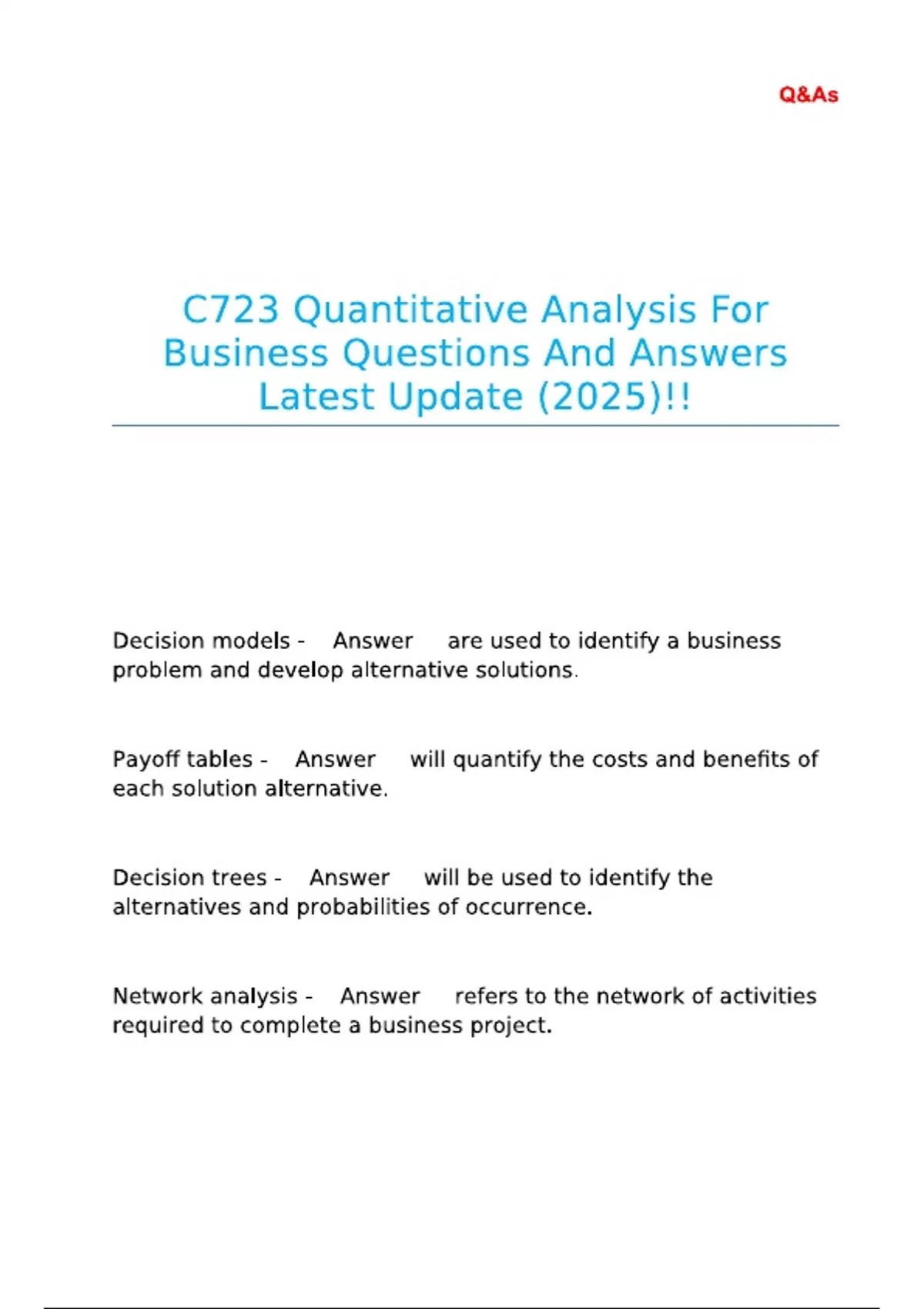 C723 Quantitative Analysis For Business Q&A Overview (2025) Latest 2025 ...