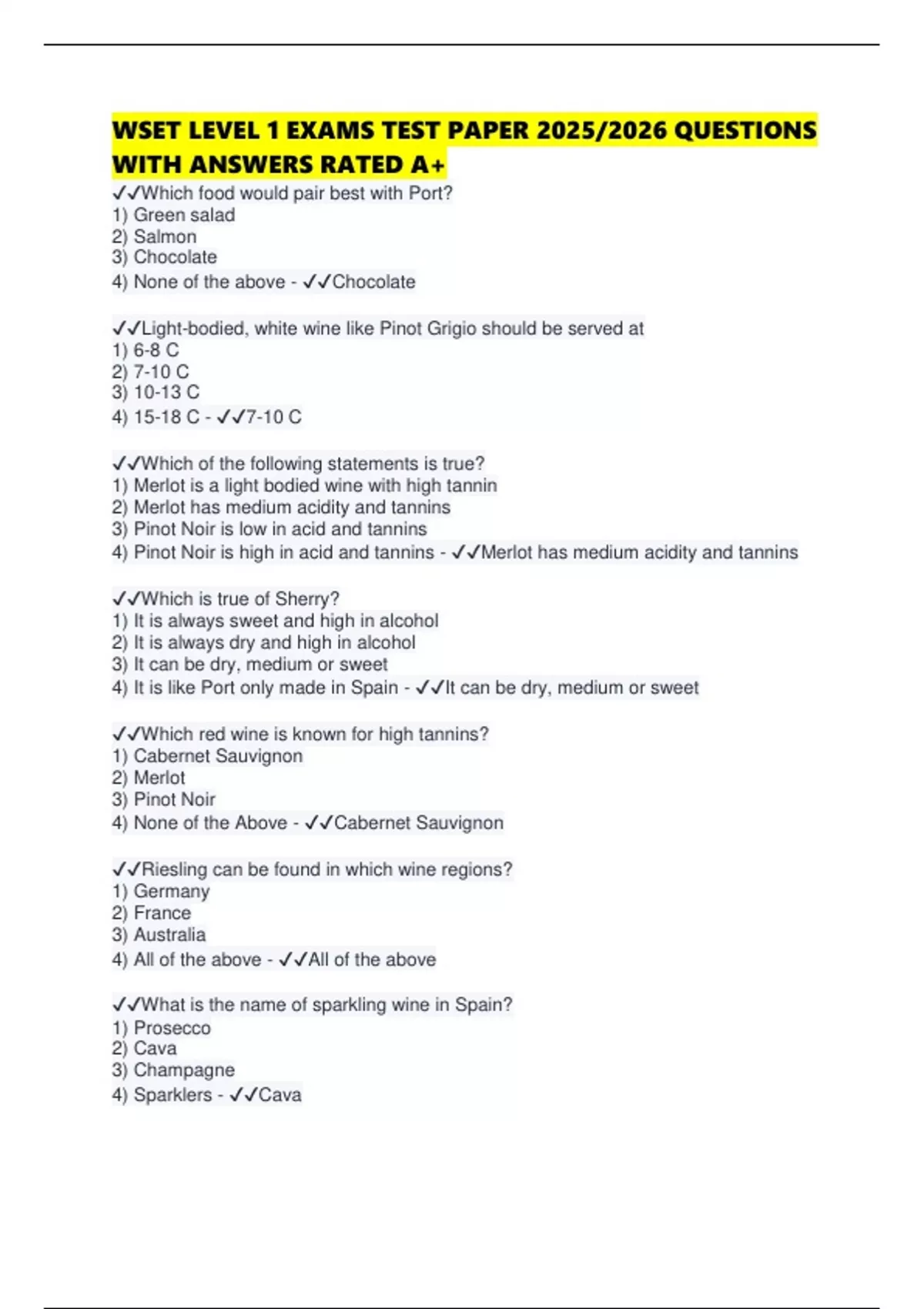 WSET LEVEL 1 EXAMS TEST PAPER 2025/2026 QUESTIONS WITH ANSWERS RATED A+ ...