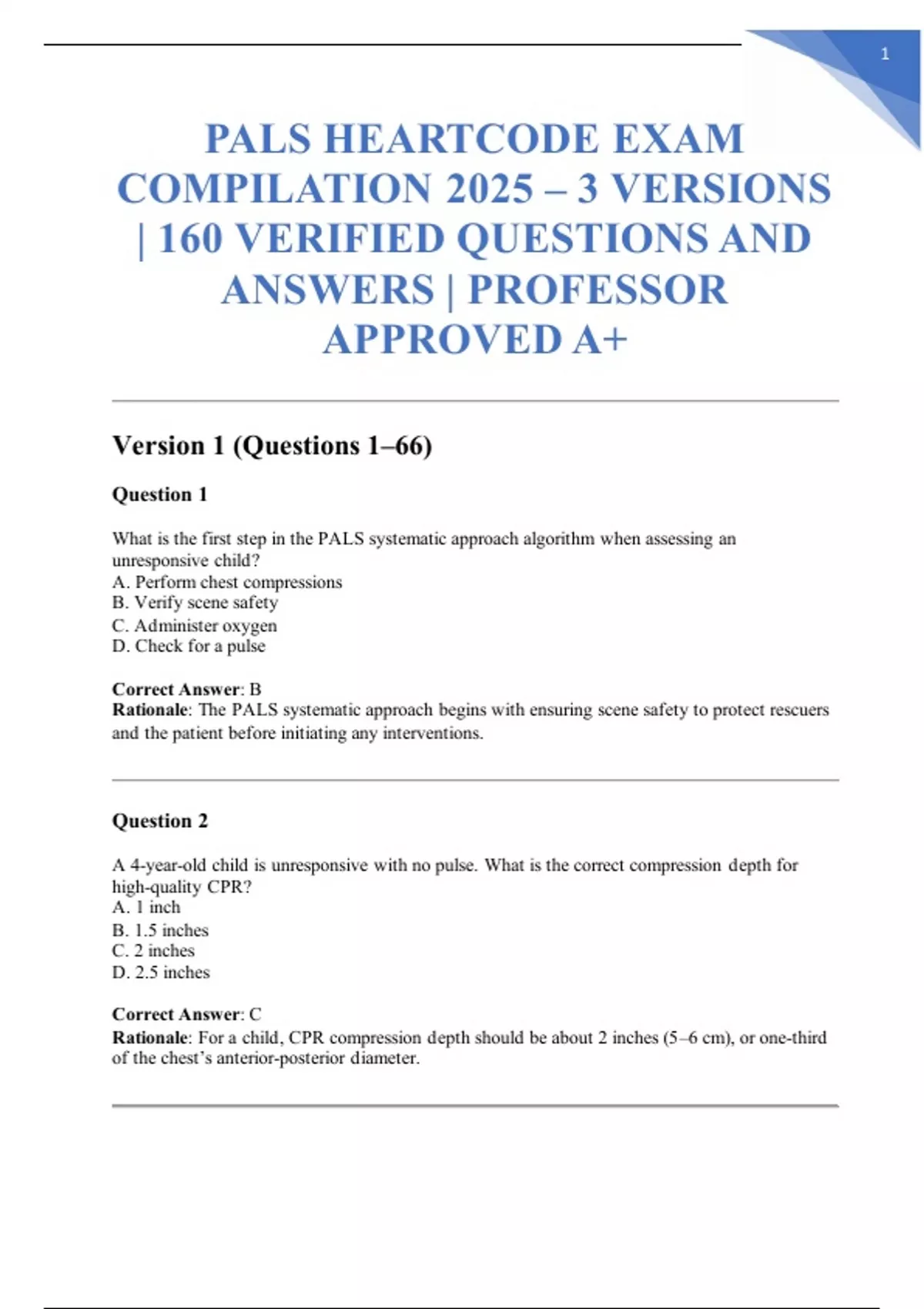 PALS HEARTCODE EXAM COMPILATION 2025 – 3 VERSIONS | 160 VERIFIED ...