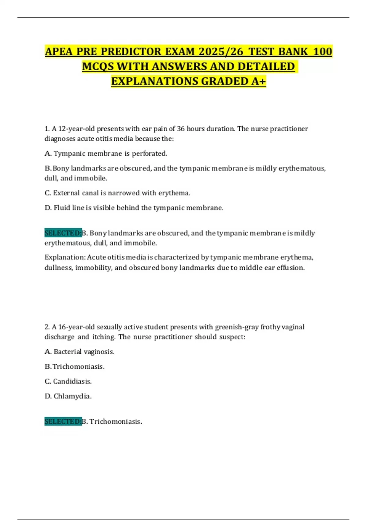 APEA PRE PREDICTOR EXAM 2025/26 TEST BANK 100 MCQS WITH ANSWERS AND ...