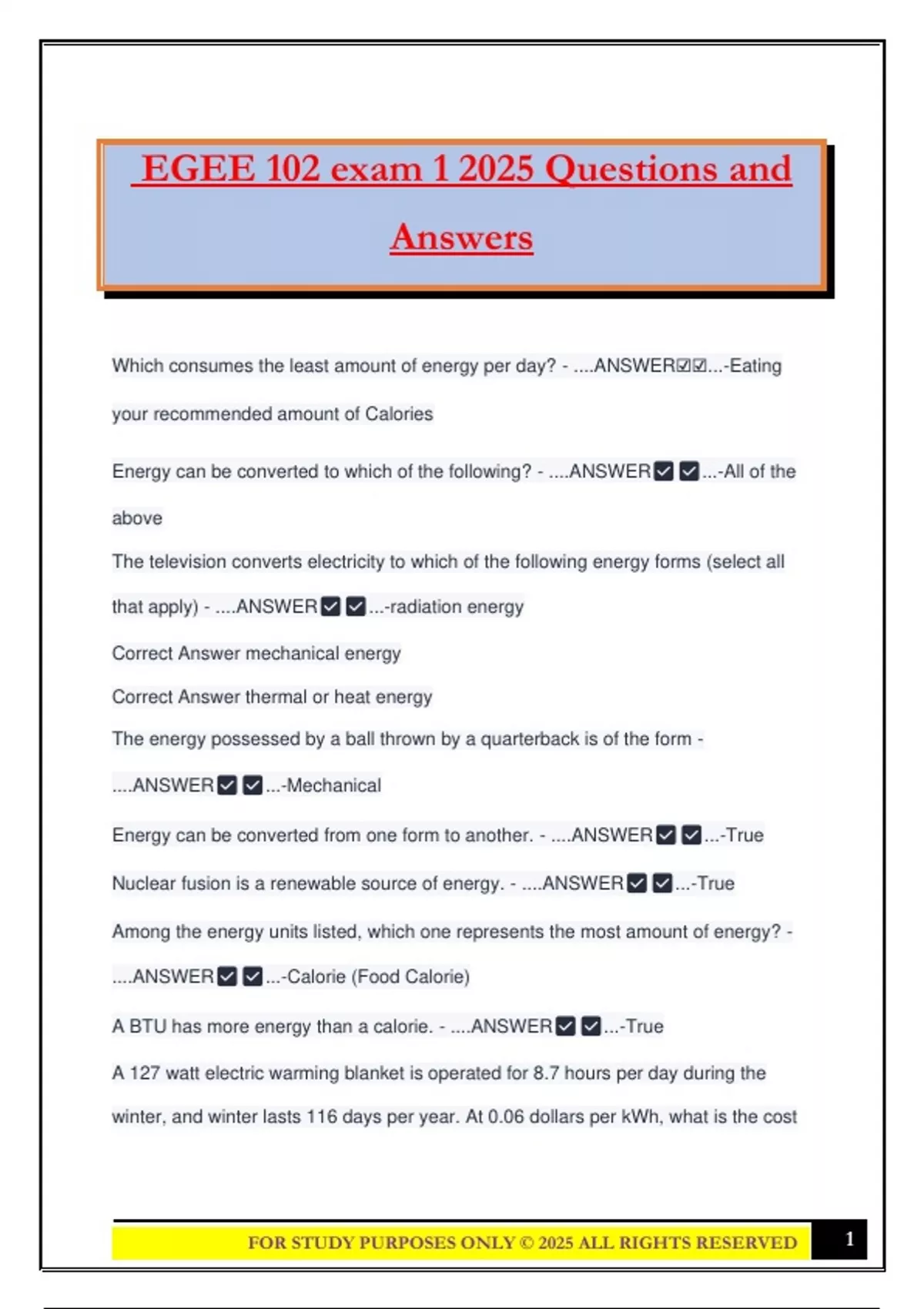 EGEE 102 exam 1 2025 Questions and Answers - EGEE 102 - Stuvia US