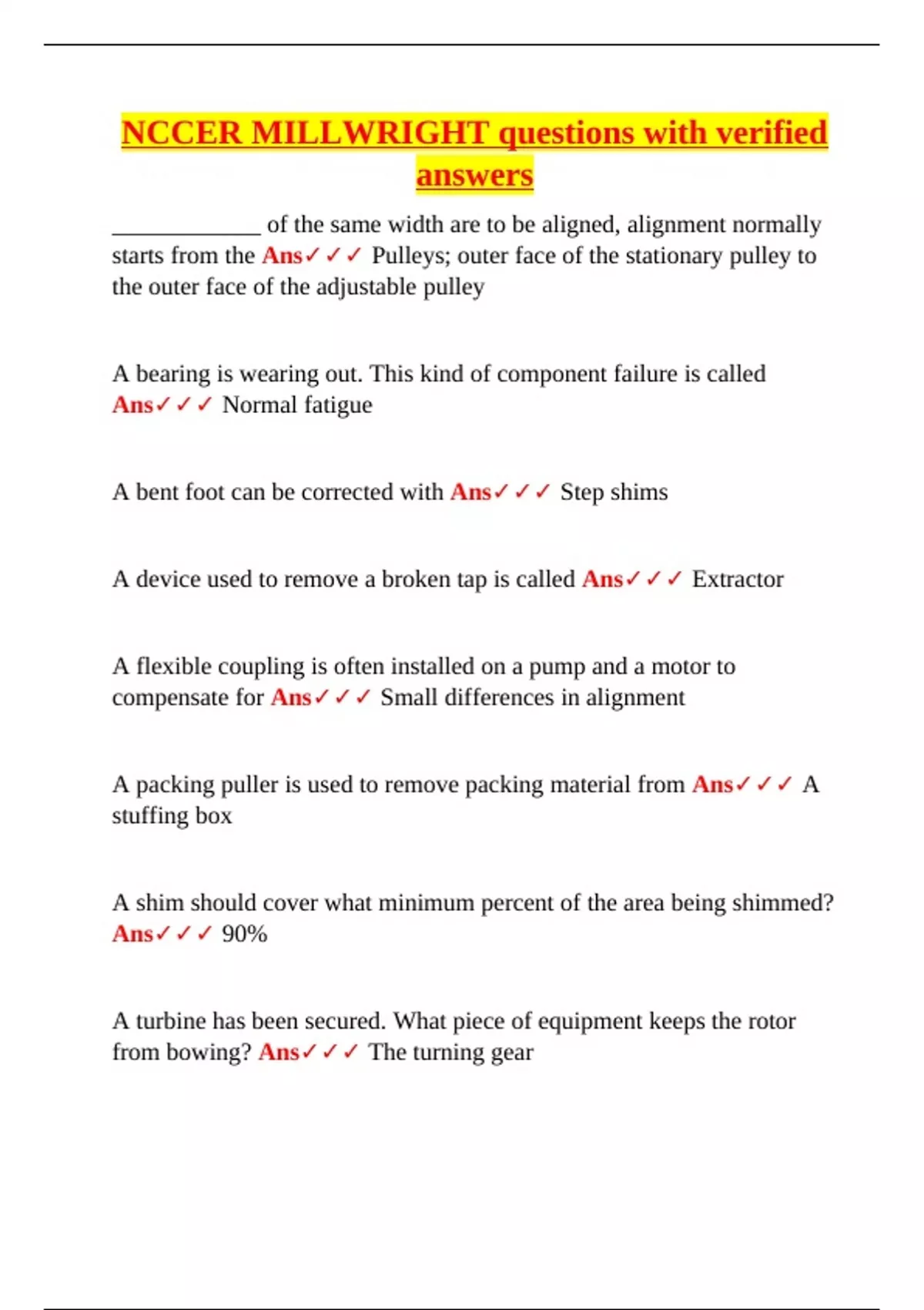 Millwright Sample Math Problem NCCER Millwright – Verified Questions and Answers on Alignment ...