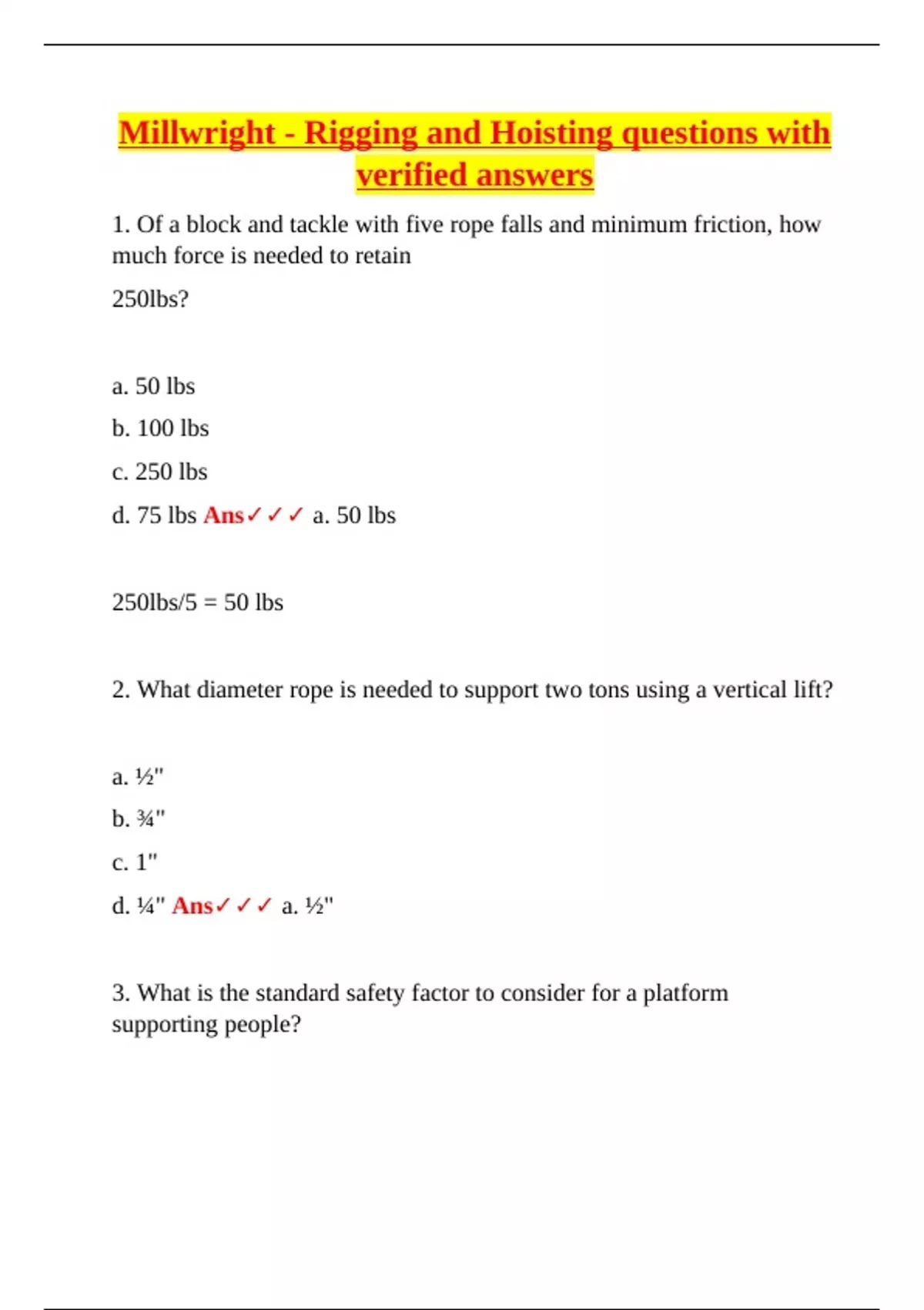 Millwright Sample Math Problem Millwright – Rigging and Hoisting Final Review – Verified Questions and ...