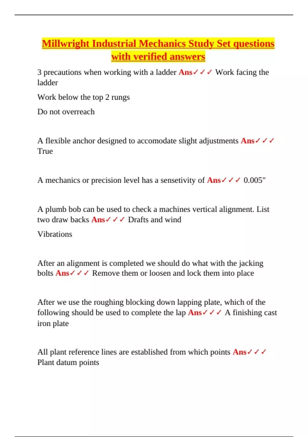 Millwright Sample Math Problem Millwright Industrial Mechanics Study Set – Verified Questions and ...