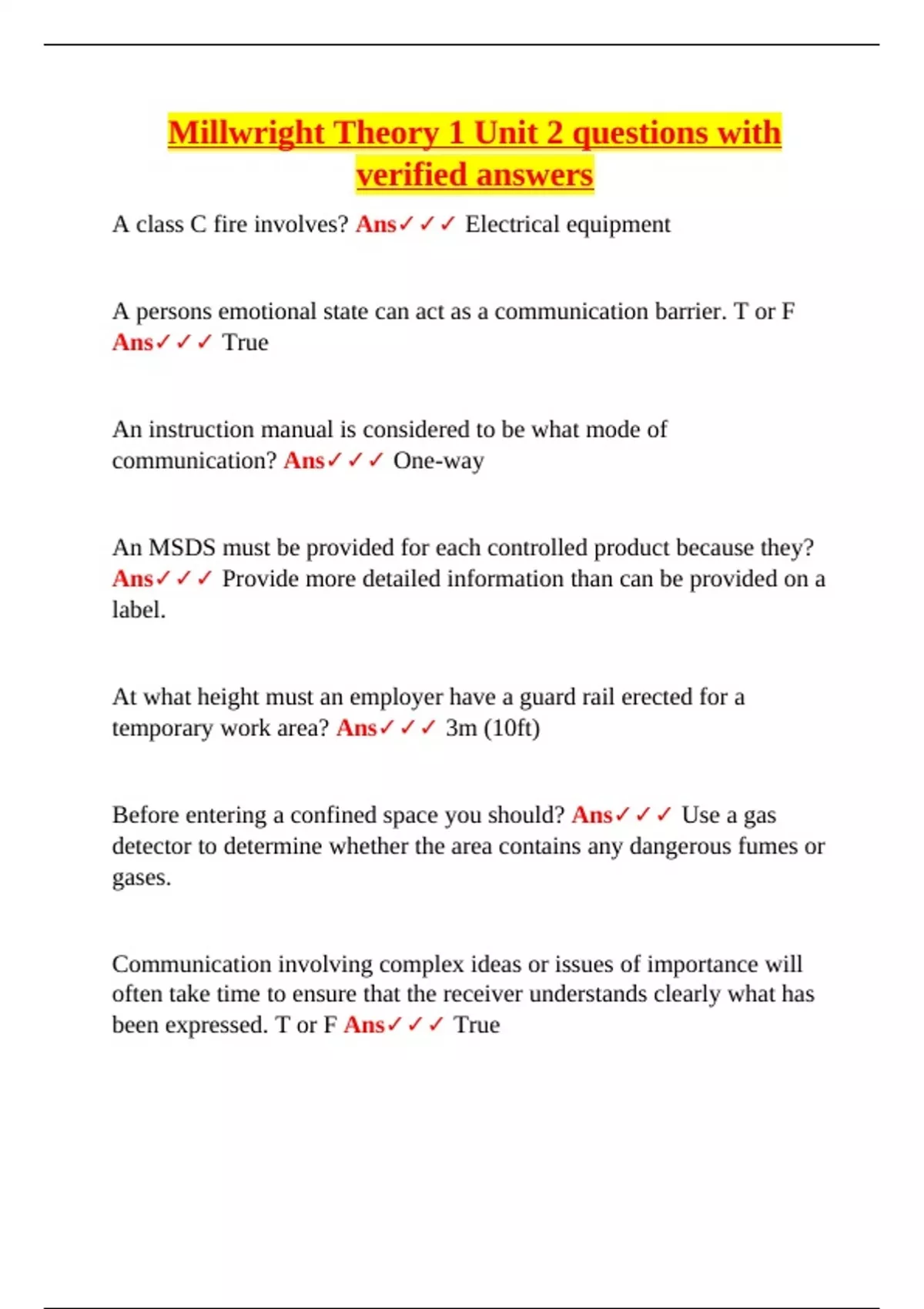 Millwright Theory 1 – Unit 2 Review – Verified Questions and Answers on ...