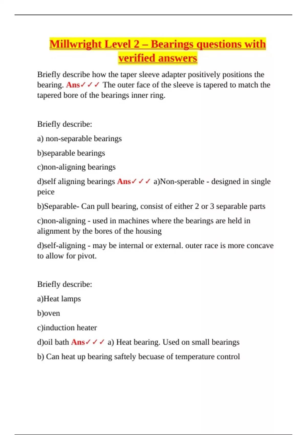 Millwright Level 4 – Bearings Module – Verified Questions and Answers ...