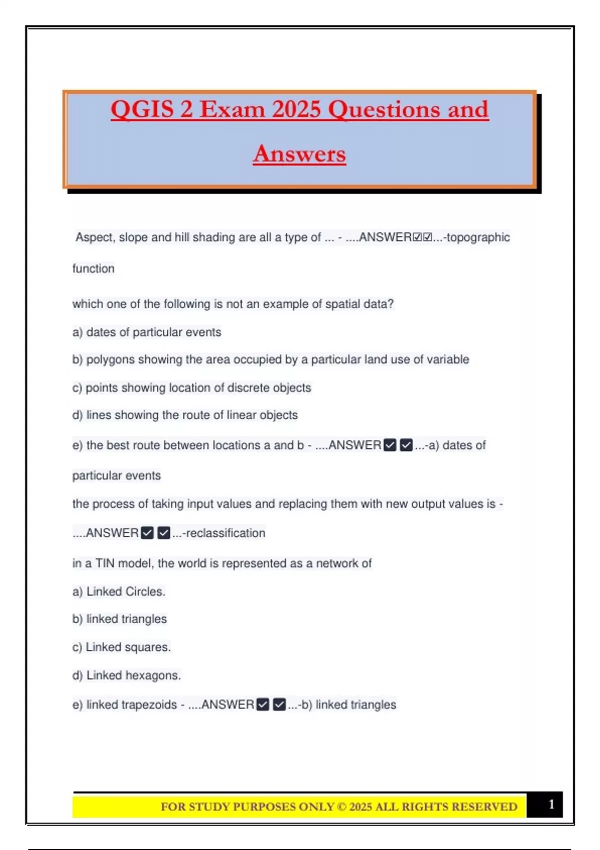 QGIS 2 Exam 2025 Questions and Answers - QGIS - Stuvia US